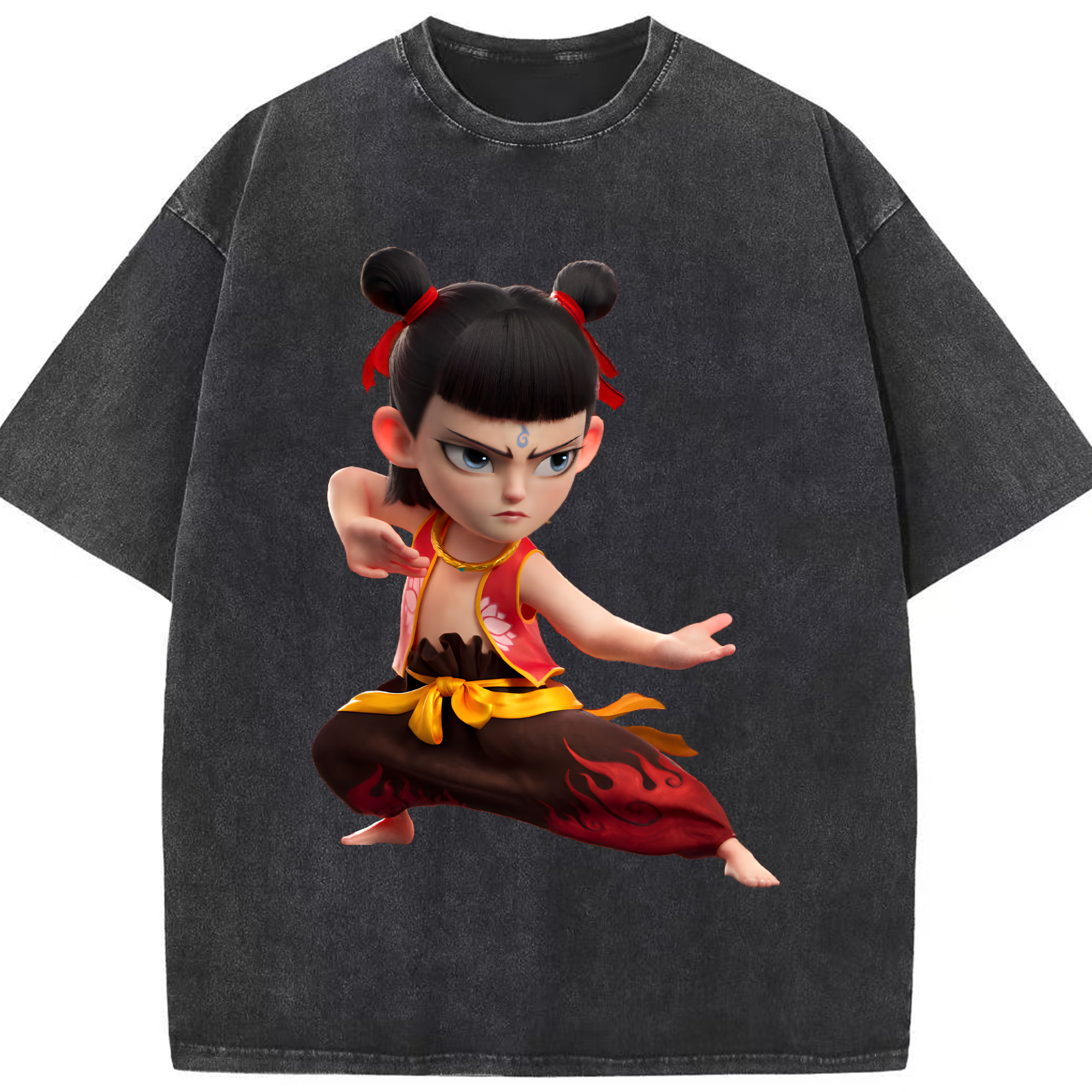 （画像用） Ne Zha 2 ナタ 魔童の大暴れ 綿100% ヴィンテージ風 半袖Tシャツ（フロントプリント）