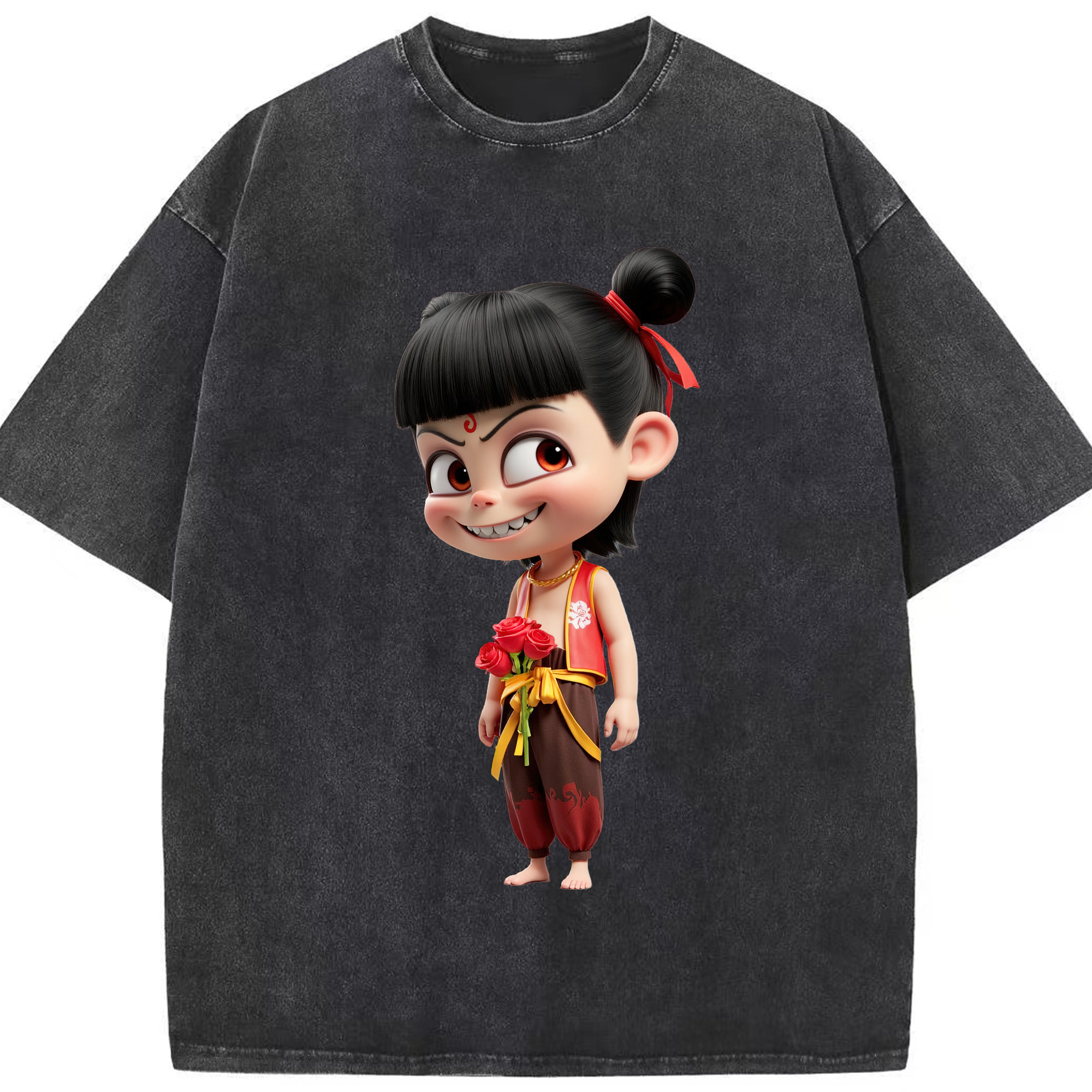 （画像用） Ne Zha 2 ナタ 魔童の大暴れ 綿100% ヴィンテージ風 半袖Tシャツ（フロントプリント）