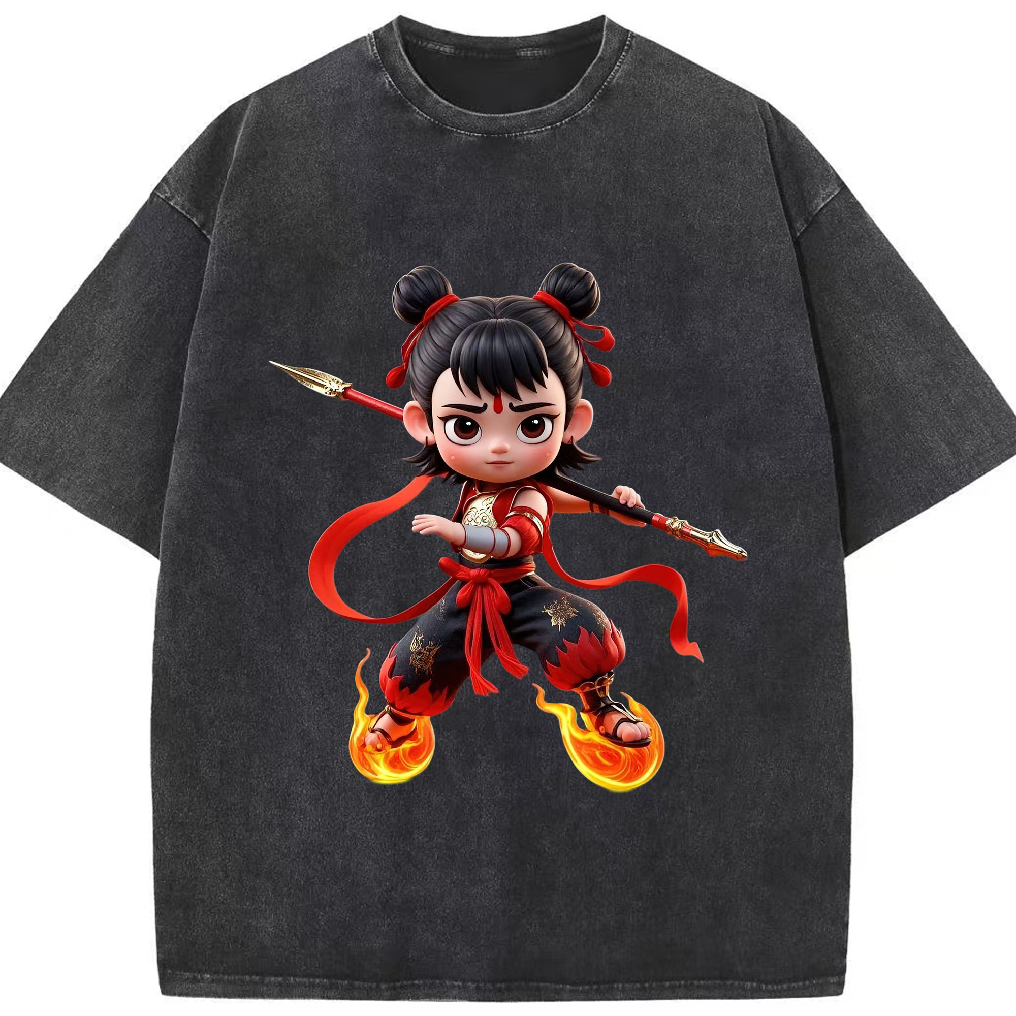 （画像用） Ne Zha 2 ナタ 魔童の大暴れ 綿100% ヴィンテージ風 半袖Tシャツ（フロントプリント）