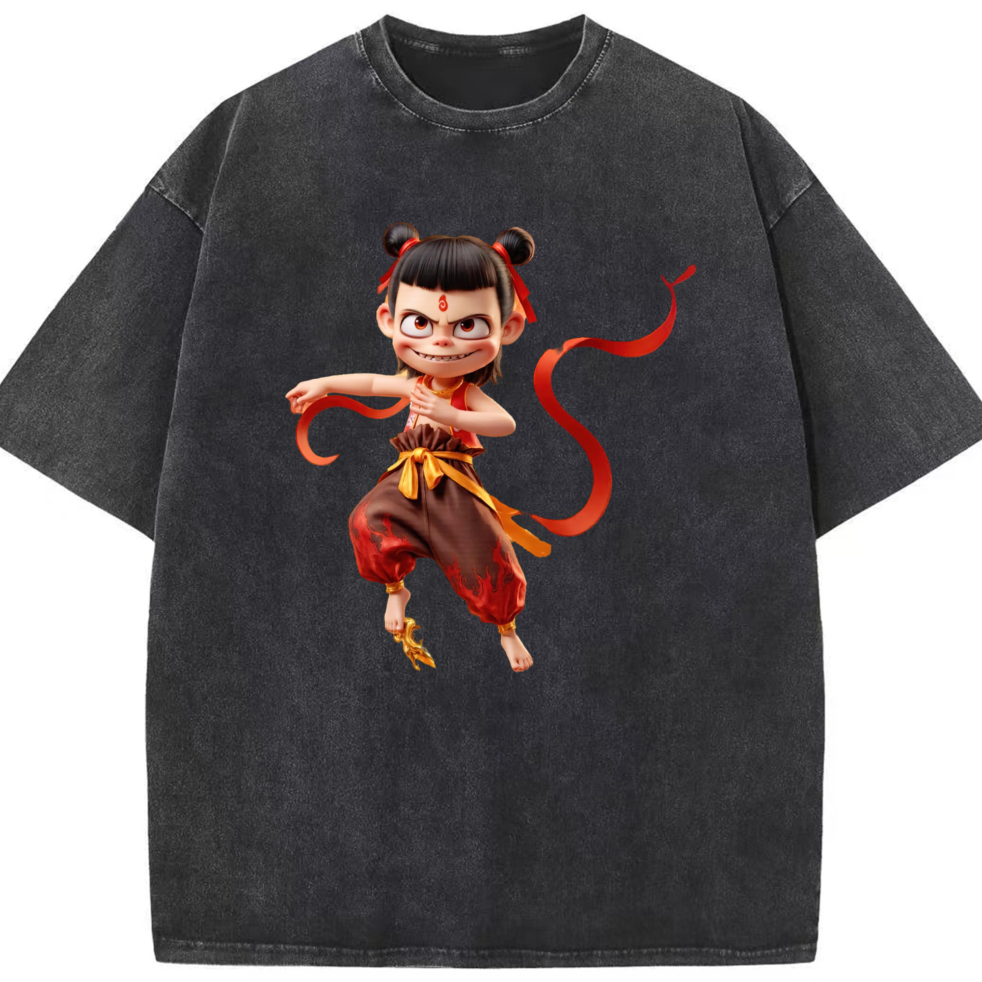 （画像用） Ne Zha 2 ナタ 魔童の大暴れ 綿100% ヴィンテージ風 半袖Tシャツ（フロントプリント）