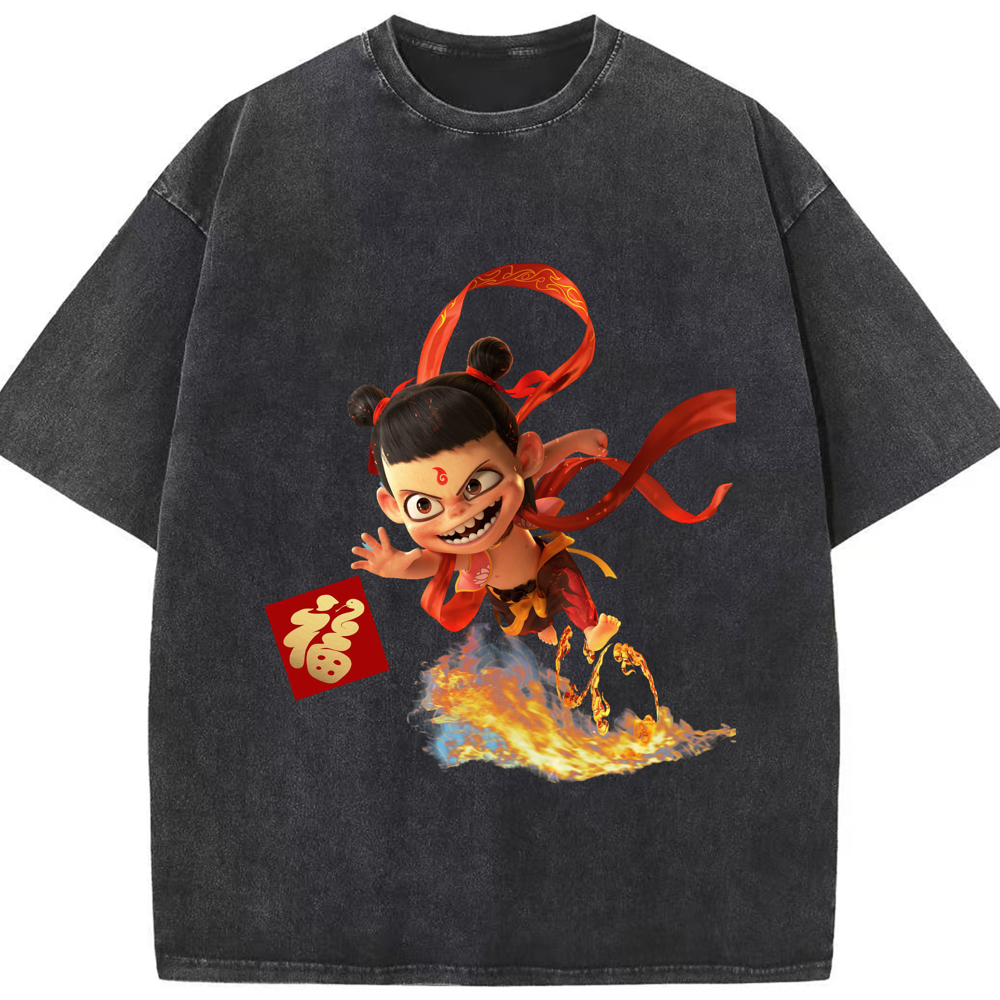 （画像用） Ne Zha 2 ナタ 魔童の大暴れ 綿100% ヴィンテージ風 半袖Tシャツ（フロントプリント）