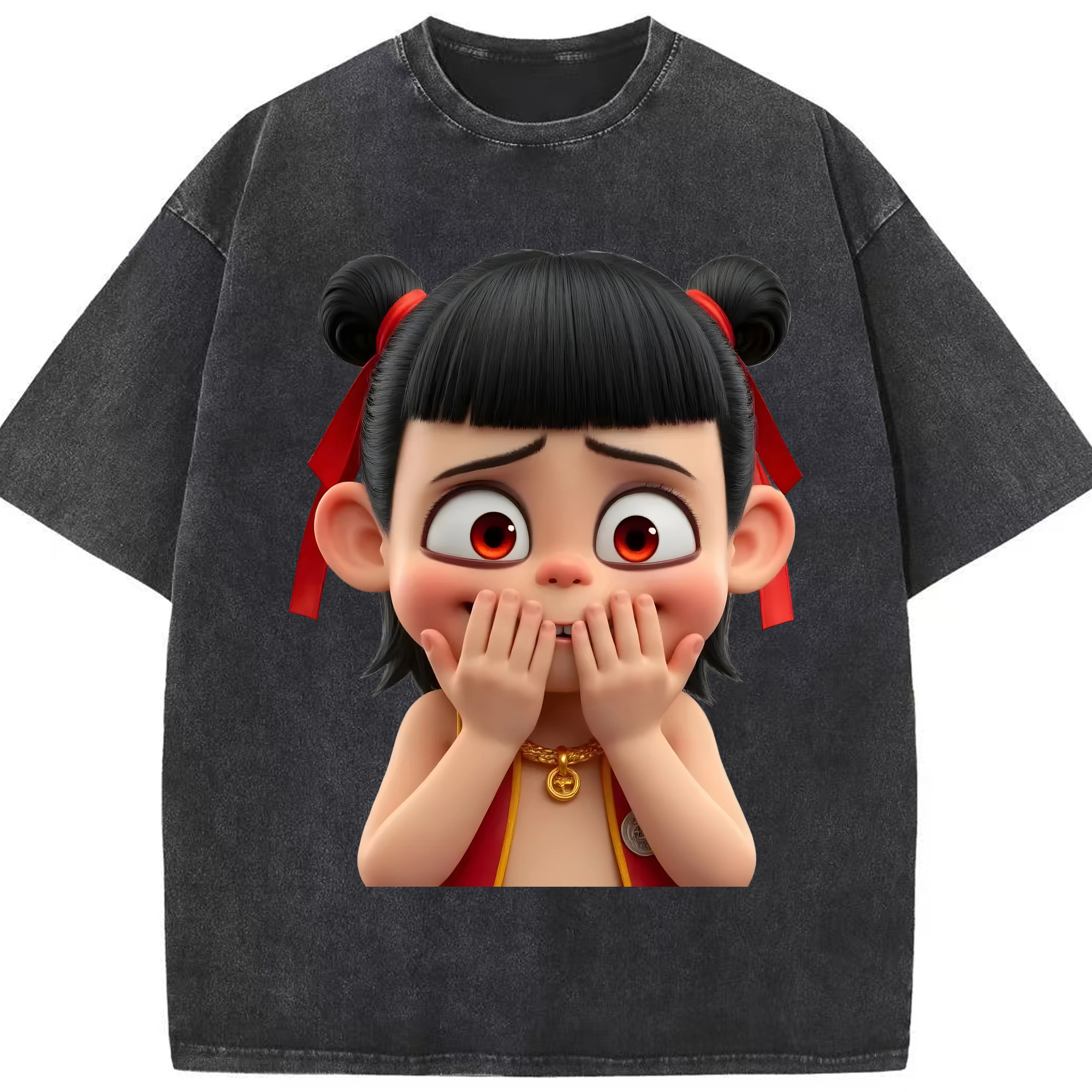 （画像用） Ne Zha 2 ナタ 魔童の大暴れ 綿100% ヴィンテージ風 半袖Tシャツ（フロントプリント）