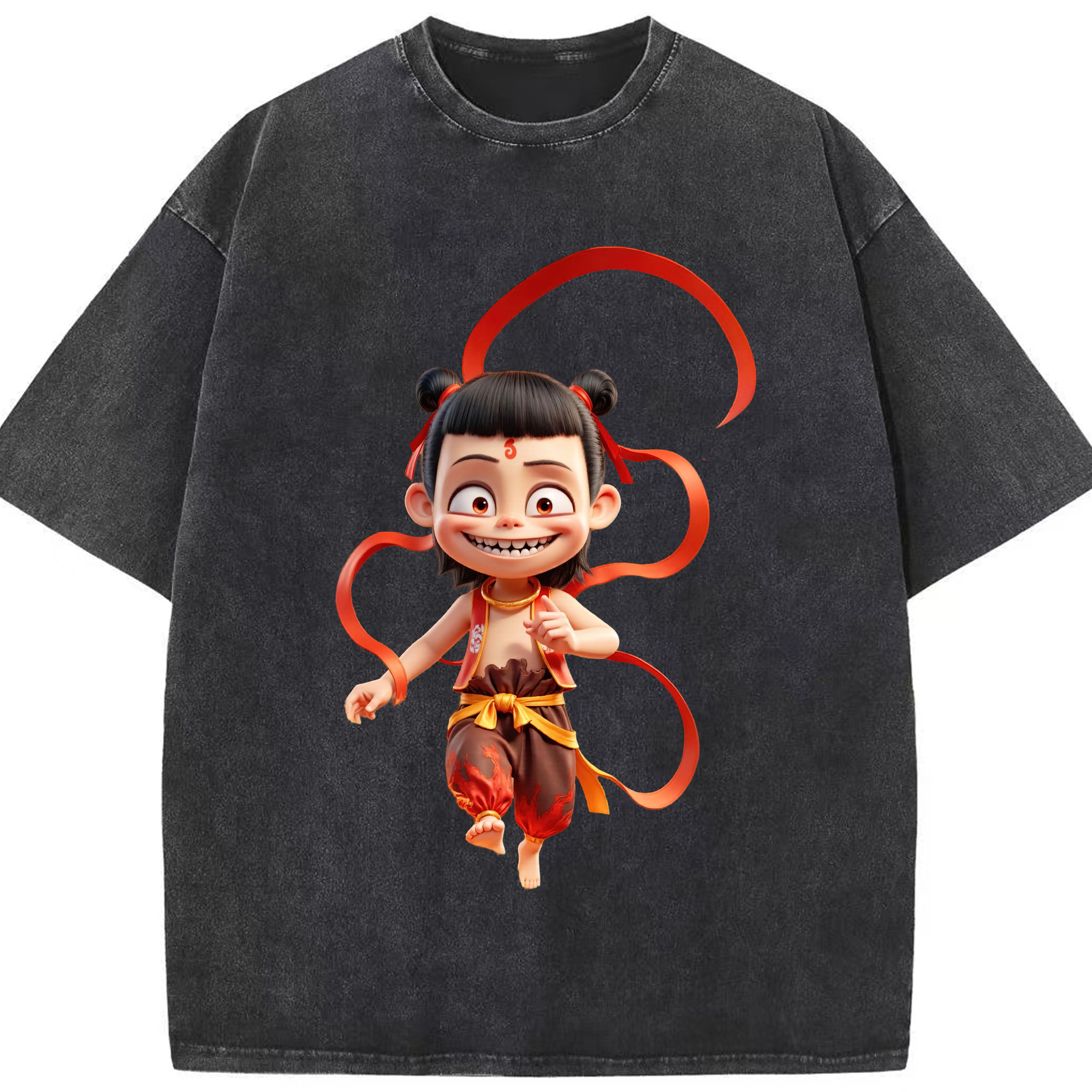 （画像用） Ne Zha 2 ナタ 魔童の大暴れ 綿100% ヴィンテージ風 半袖Tシャツ（フロントプリント）