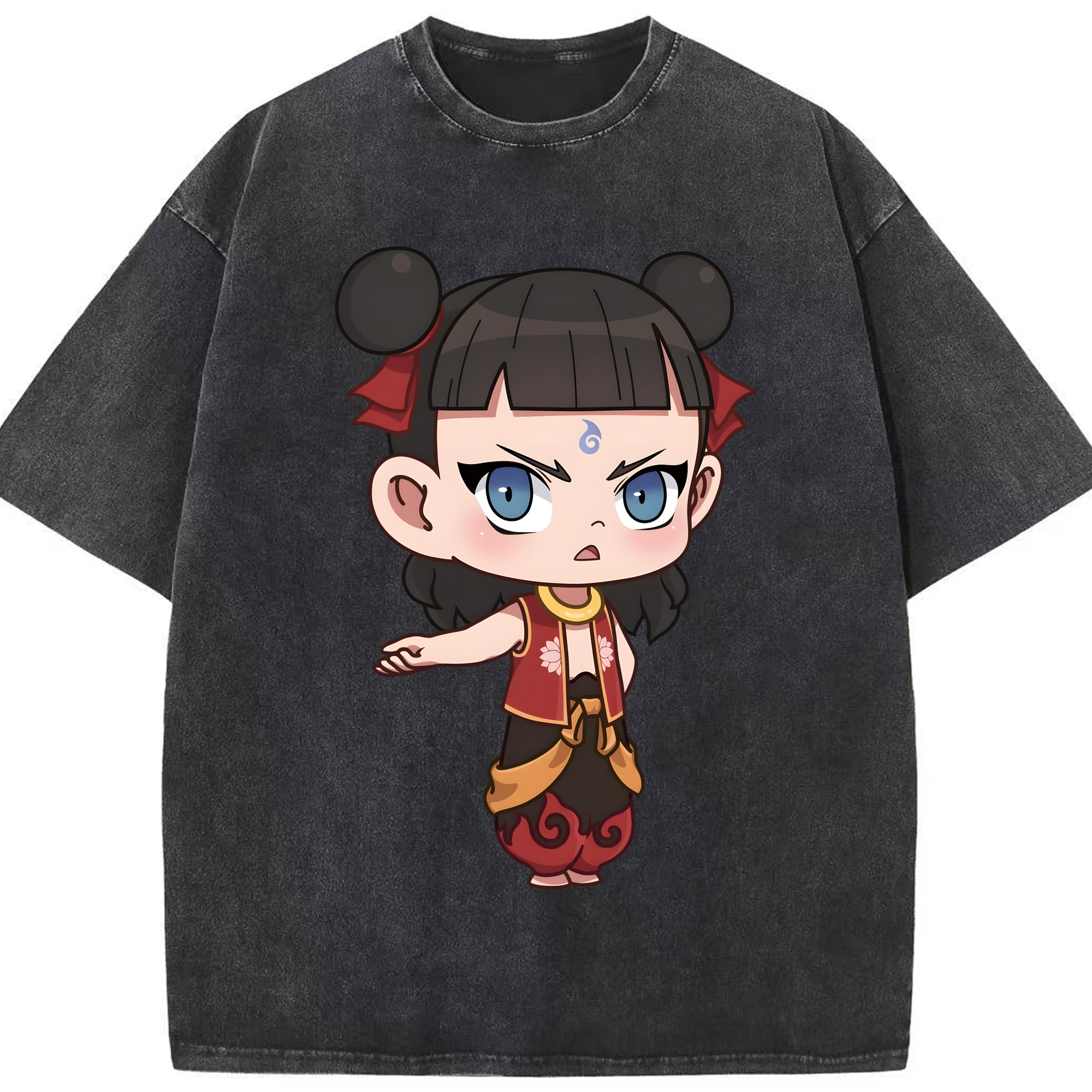 （画像用） Ne Zha 2 ナタ 魔童の大暴れ 綿100% ヴィンテージ風 半袖Tシャツ（フロントプリント）