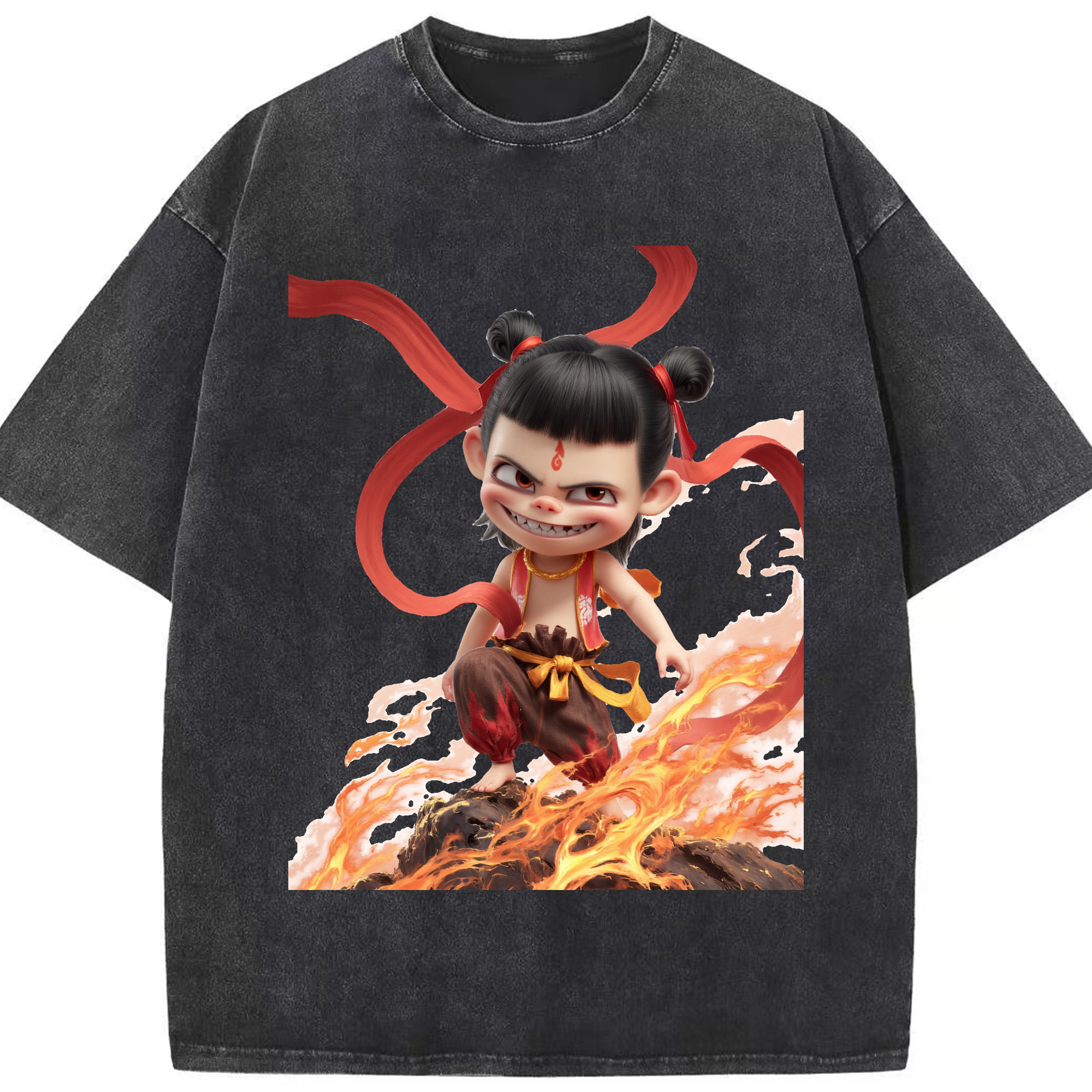 （画像用） Ne Zha 2 ナタ 魔童の大暴れ 綿100% ヴィンテージ風 半袖Tシャツ（フロントプリント）