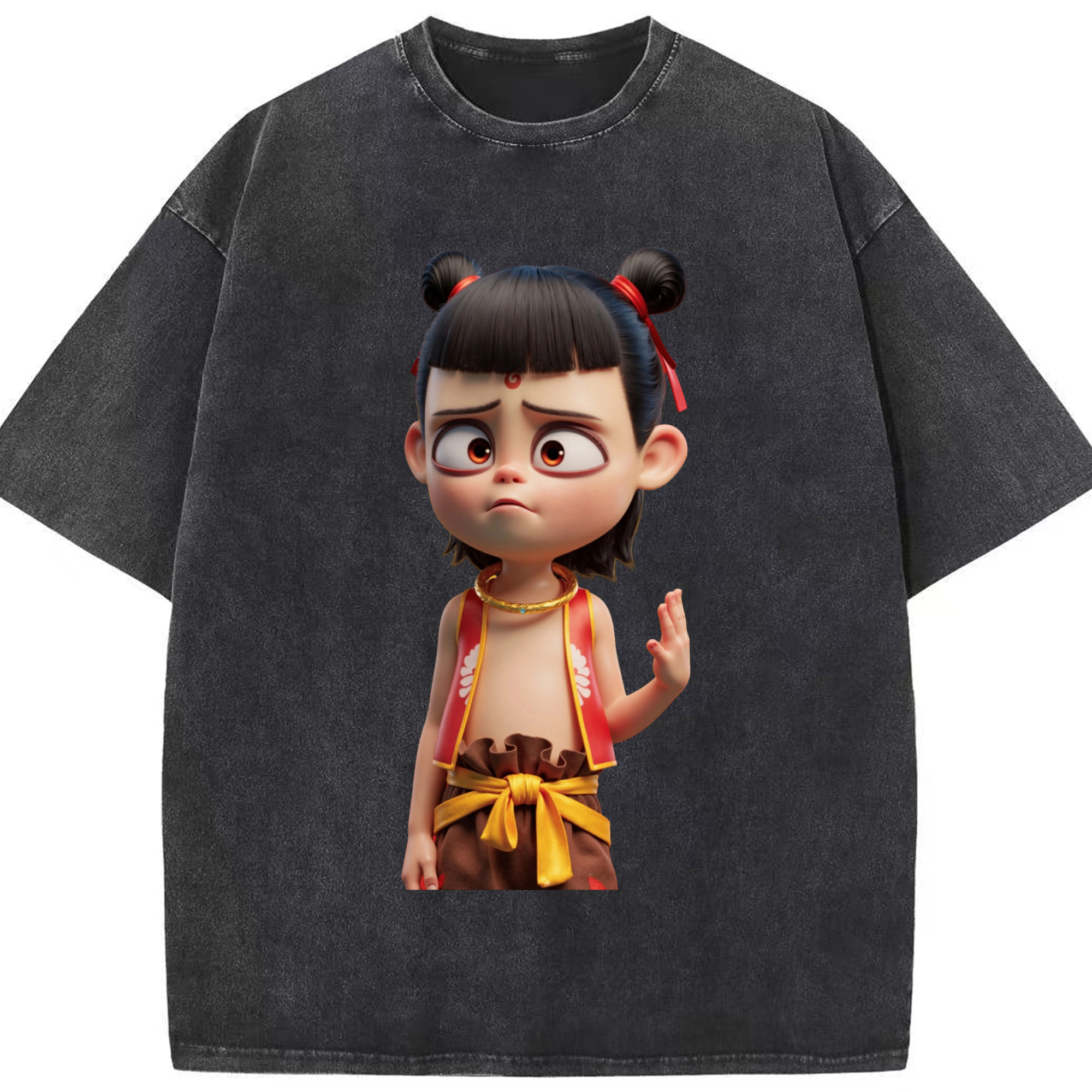 （画像用） Ne Zha 2 ナタ 魔童の大暴れ 綿100% ヴィンテージ風 半袖Tシャツ（フロントプリント）