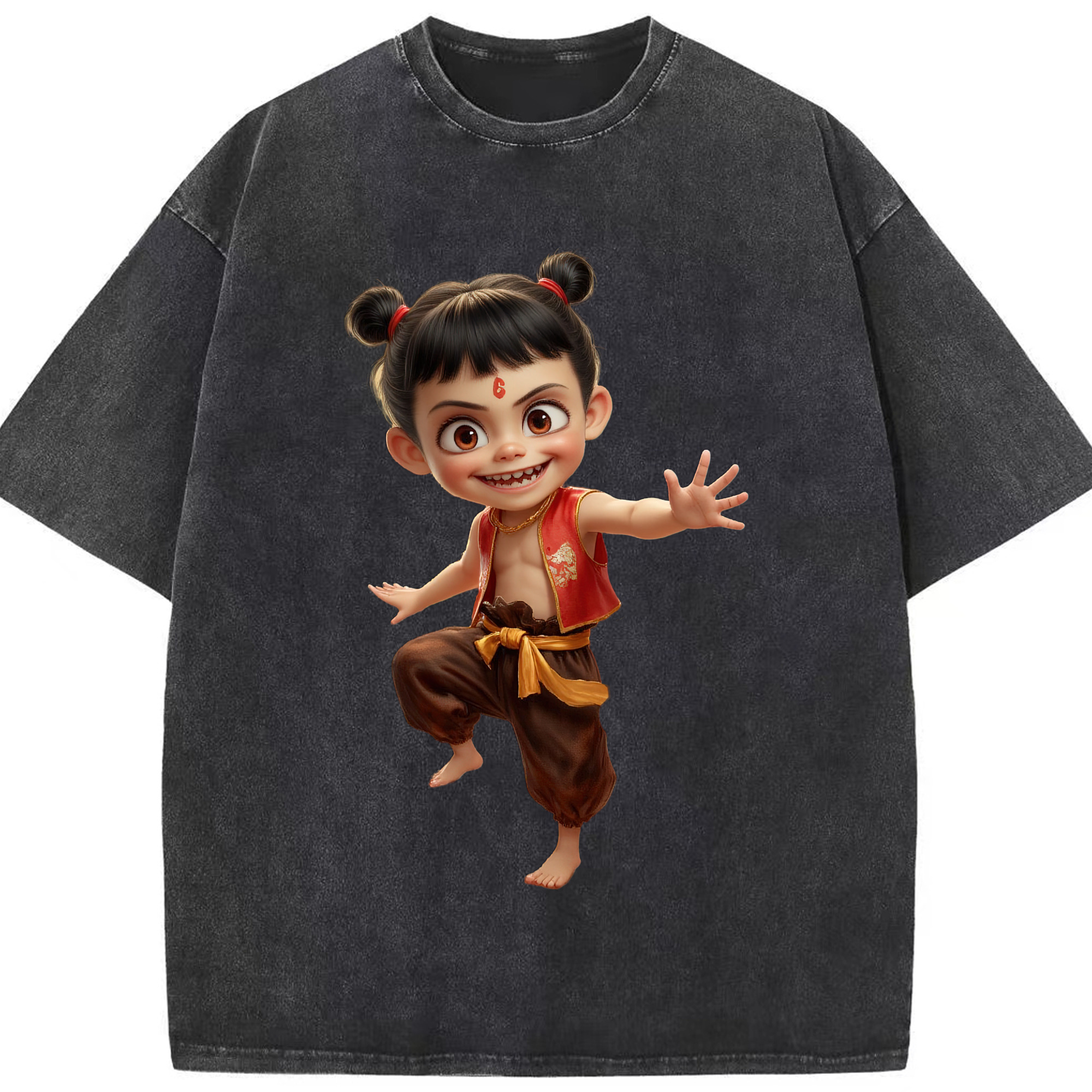 （画像用） Ne Zha 2 ナタ 魔童の大暴れ 綿100% ヴィンテージ風 半袖Tシャツ（フロントプリント）