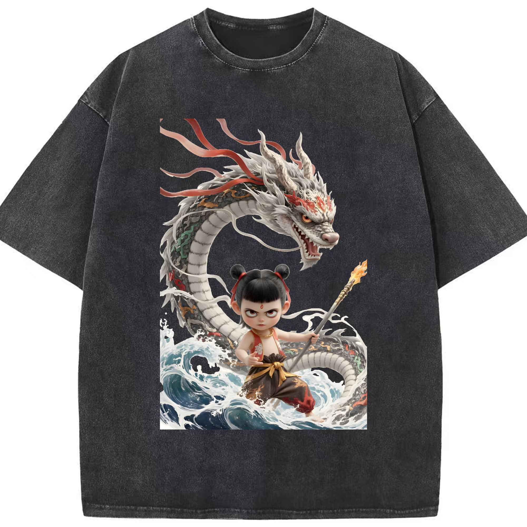 （画像用） Ne Zha 2 ナタ 魔童の大暴れ 綿100% ヴィンテージ風 半袖Tシャツ（フロントプリント）