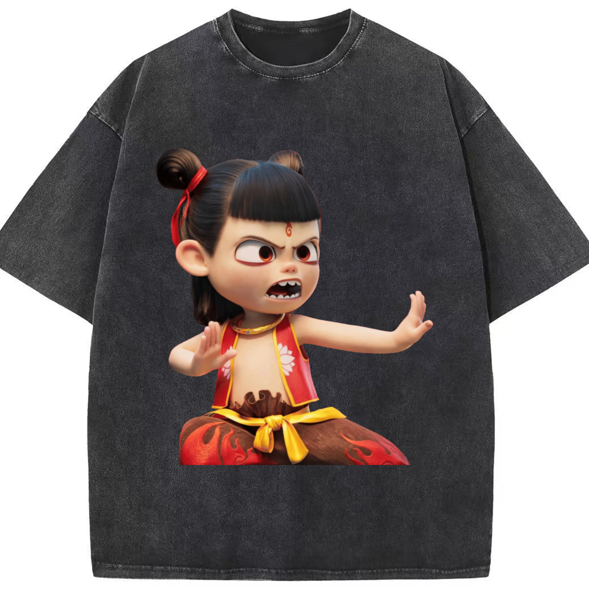（画像用） Ne Zha 2 ナタ 魔童の大暴れ 綿100% ヴィンテージ風 半袖Tシャツ（フロントプリント）
