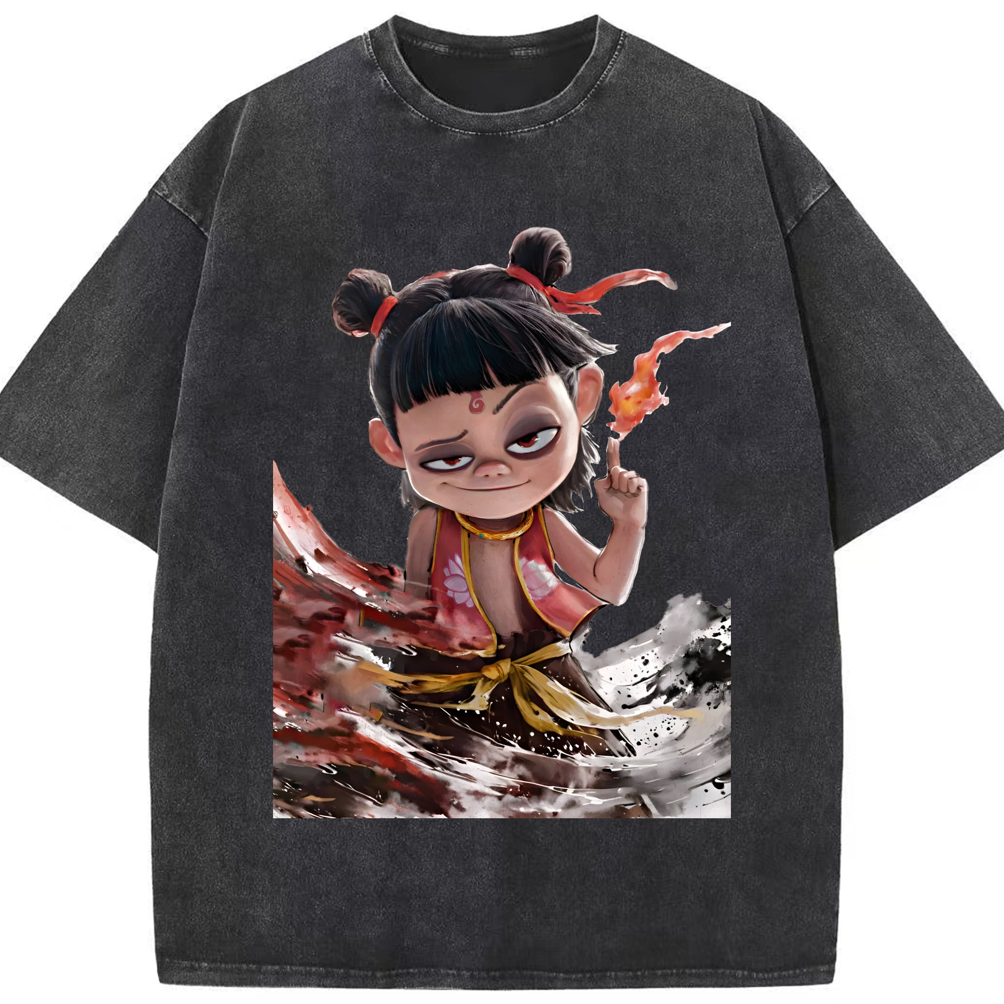 （画像用） Ne Zha 2 ナタ 魔童の大暴れ 綿100% ヴィンテージ風 半袖Tシャツ（フロントプリント）