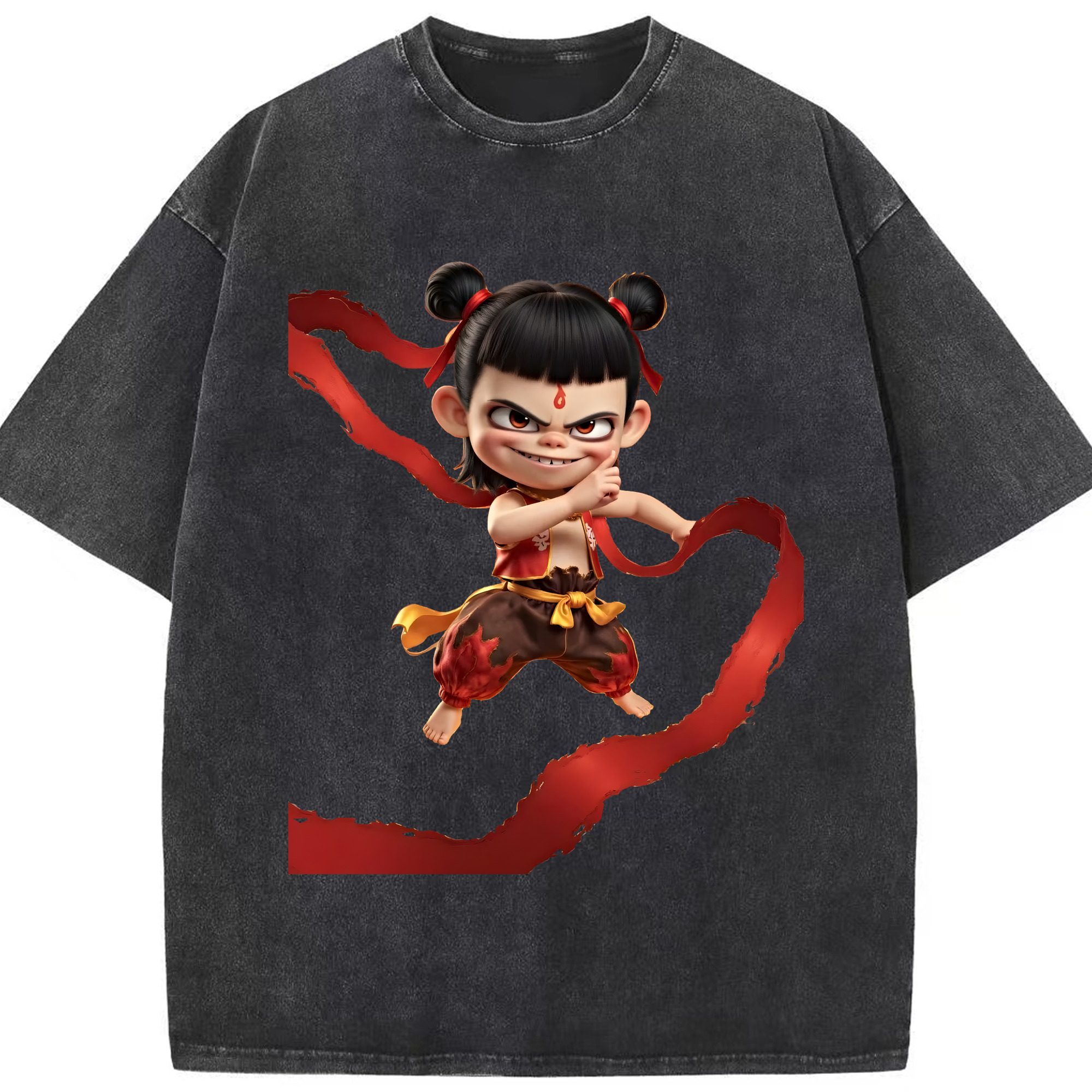 （画像用） Ne Zha 2 ナタ 魔童の大暴れ 綿100% ヴィンテージ風 半袖Tシャツ（フロントプリント）
