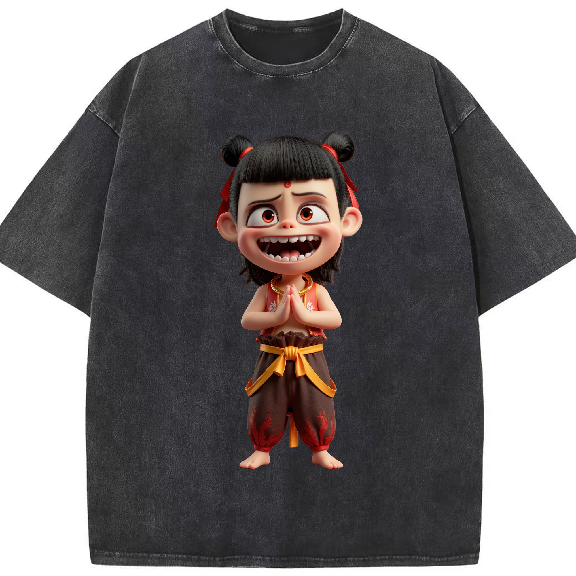 （画像用） Ne Zha 2 ナタ 魔童の大暴れ 綿100% ヴィンテージ風 半袖Tシャツ（フロントプリント）