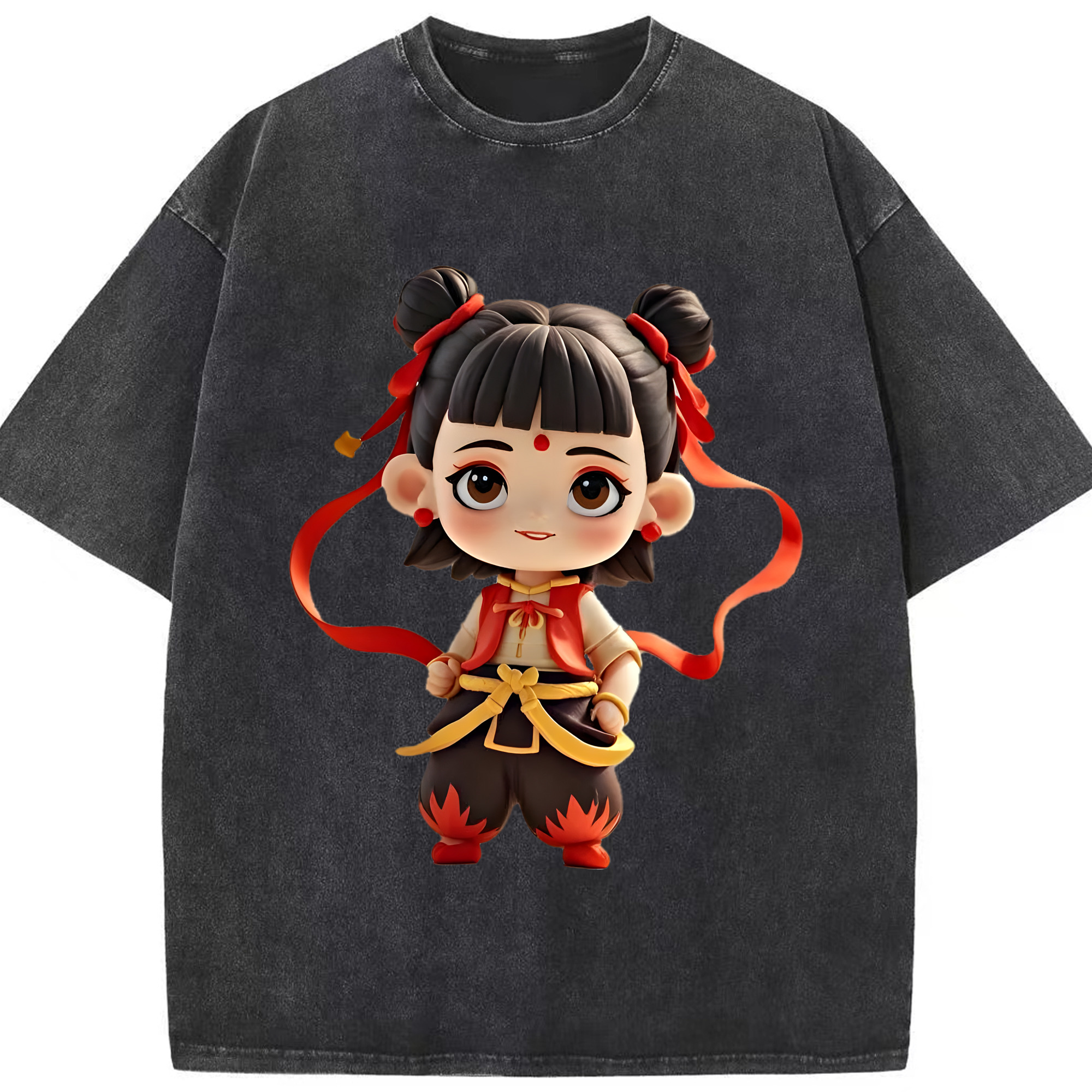 （画像用） Ne Zha 2 ナタ 魔童の大暴れ 綿100% ヴィンテージ風 半袖Tシャツ（フロントプリント）
