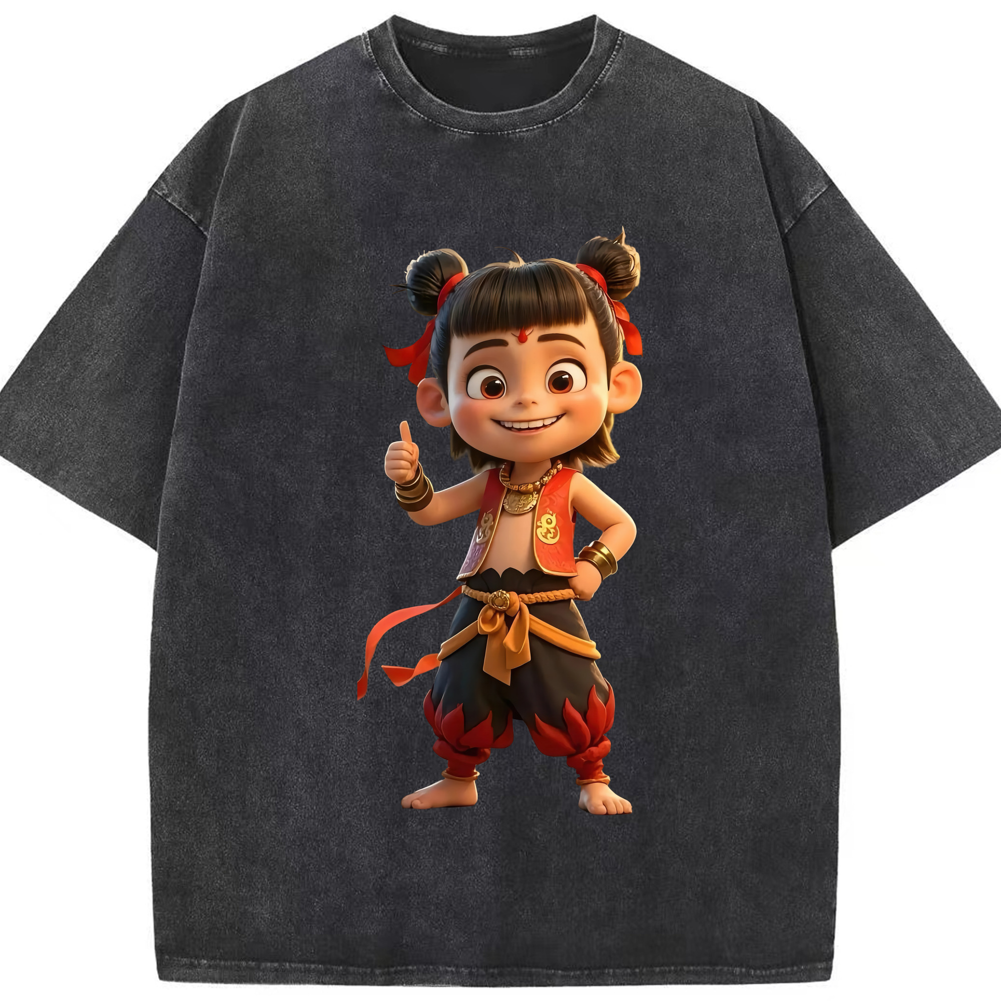 （画像用） Ne Zha 2 ナタ 魔童の大暴れ 綿100% ヴィンテージ風 半袖Tシャツ（フロントプリント）