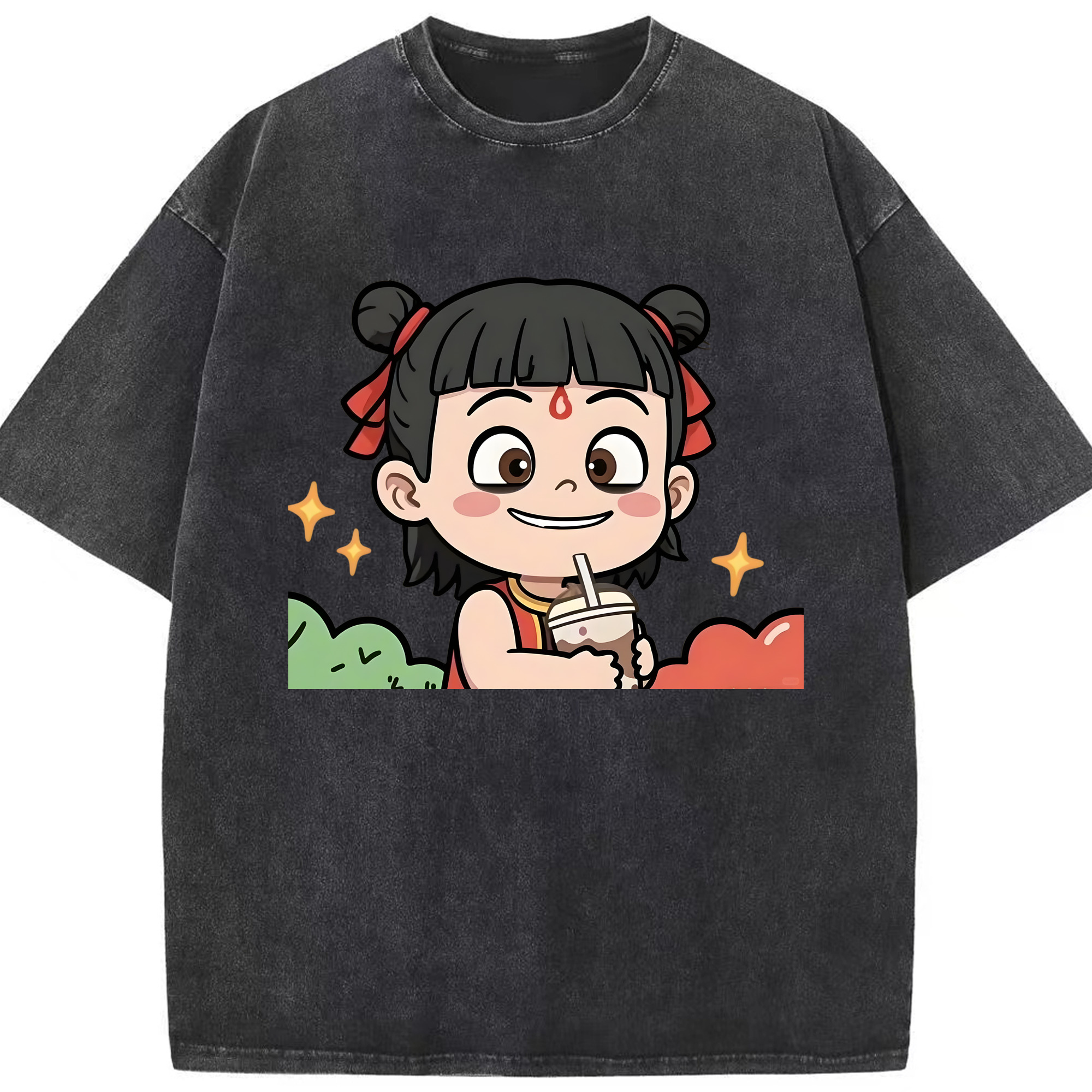 （画像用） Ne Zha 2 ナタ 魔童の大暴れ 綿100% ヴィンテージ風 半袖Tシャツ（フロントプリント）