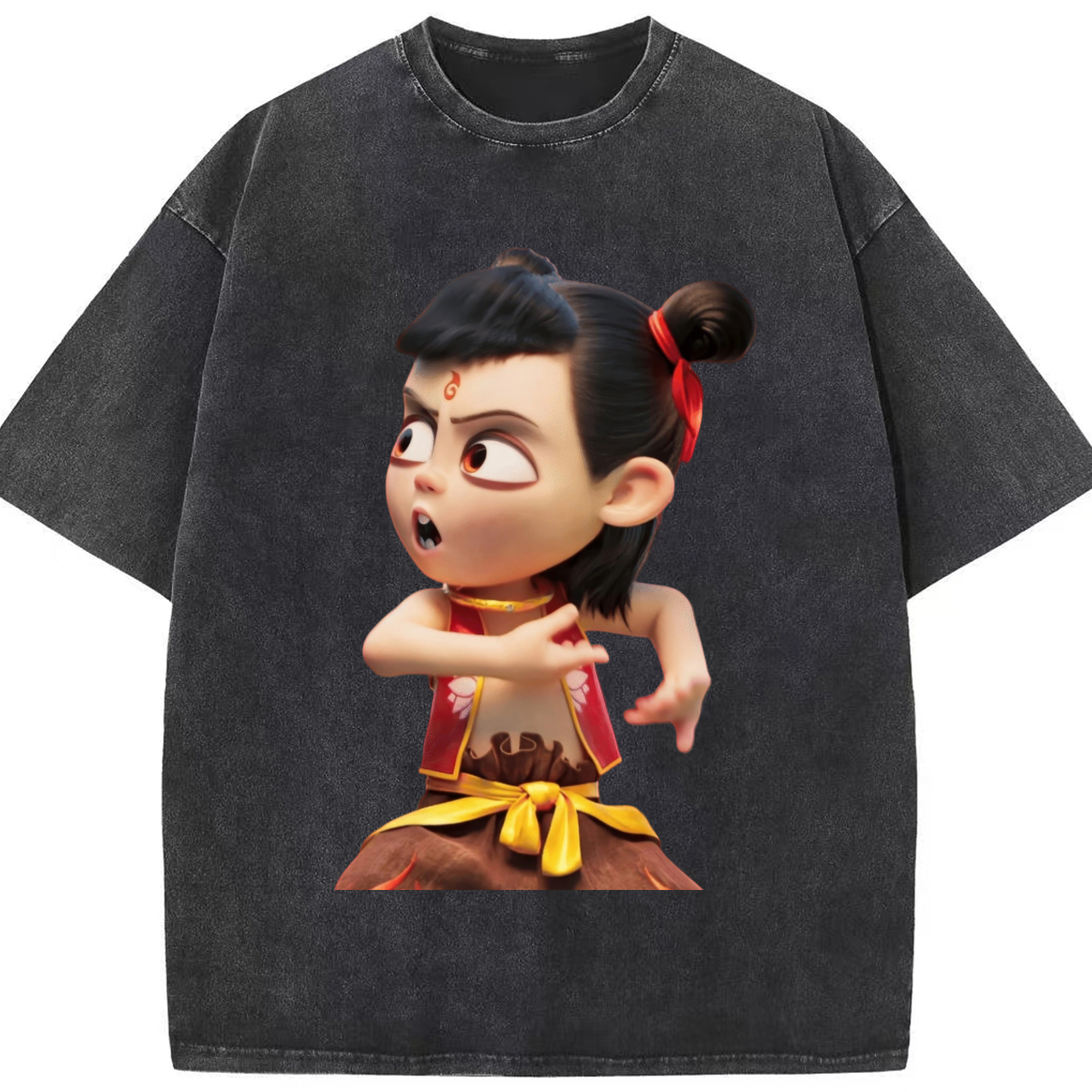 （画像用） Ne Zha 2 ナタ 魔童の大暴れ 綿100% ヴィンテージ風 半袖Tシャツ（フロントプリント）