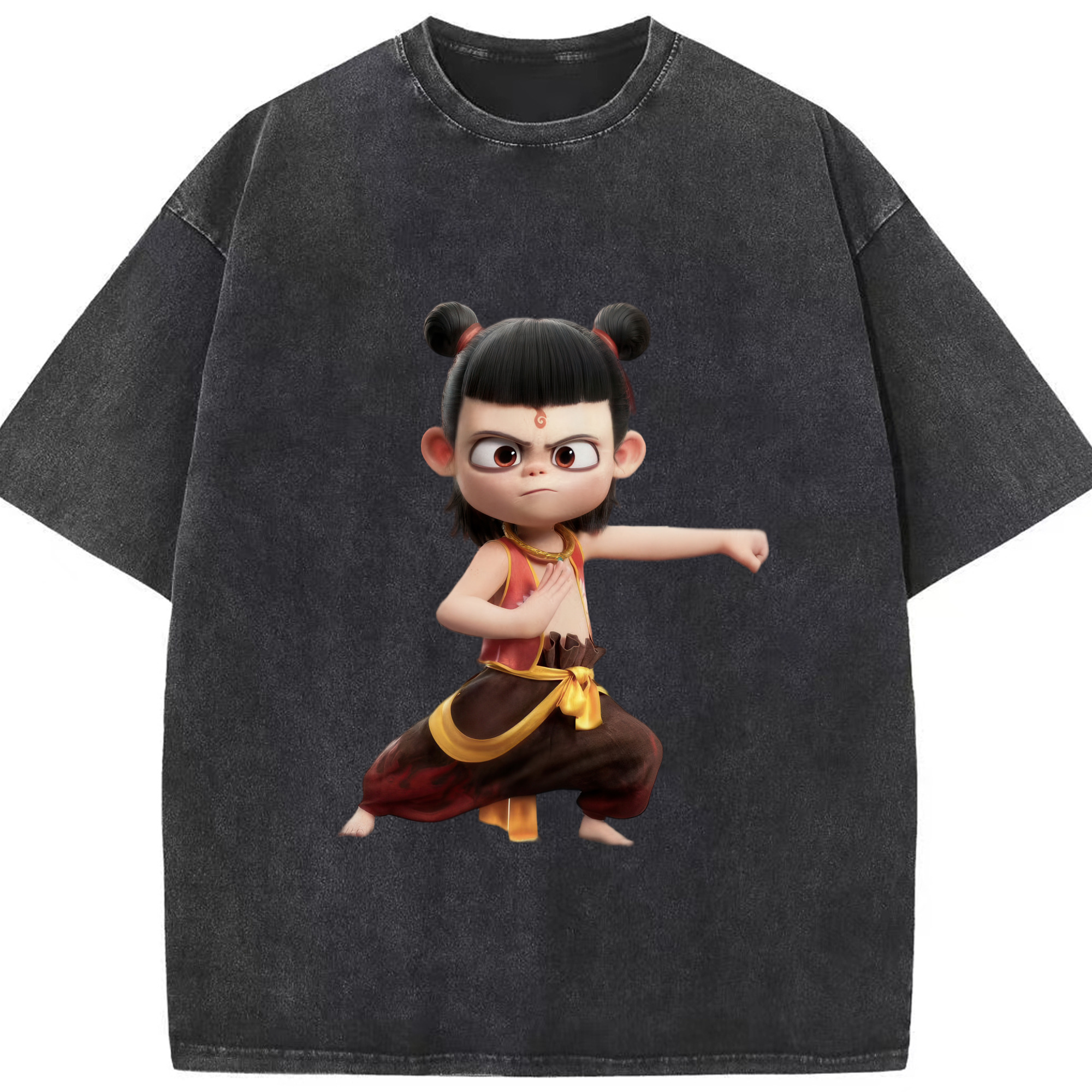 （画像用） Ne Zha 2 ナタ 魔童の大暴れ 綿100% ヴィンテージ風 半袖Tシャツ（フロントプリント）