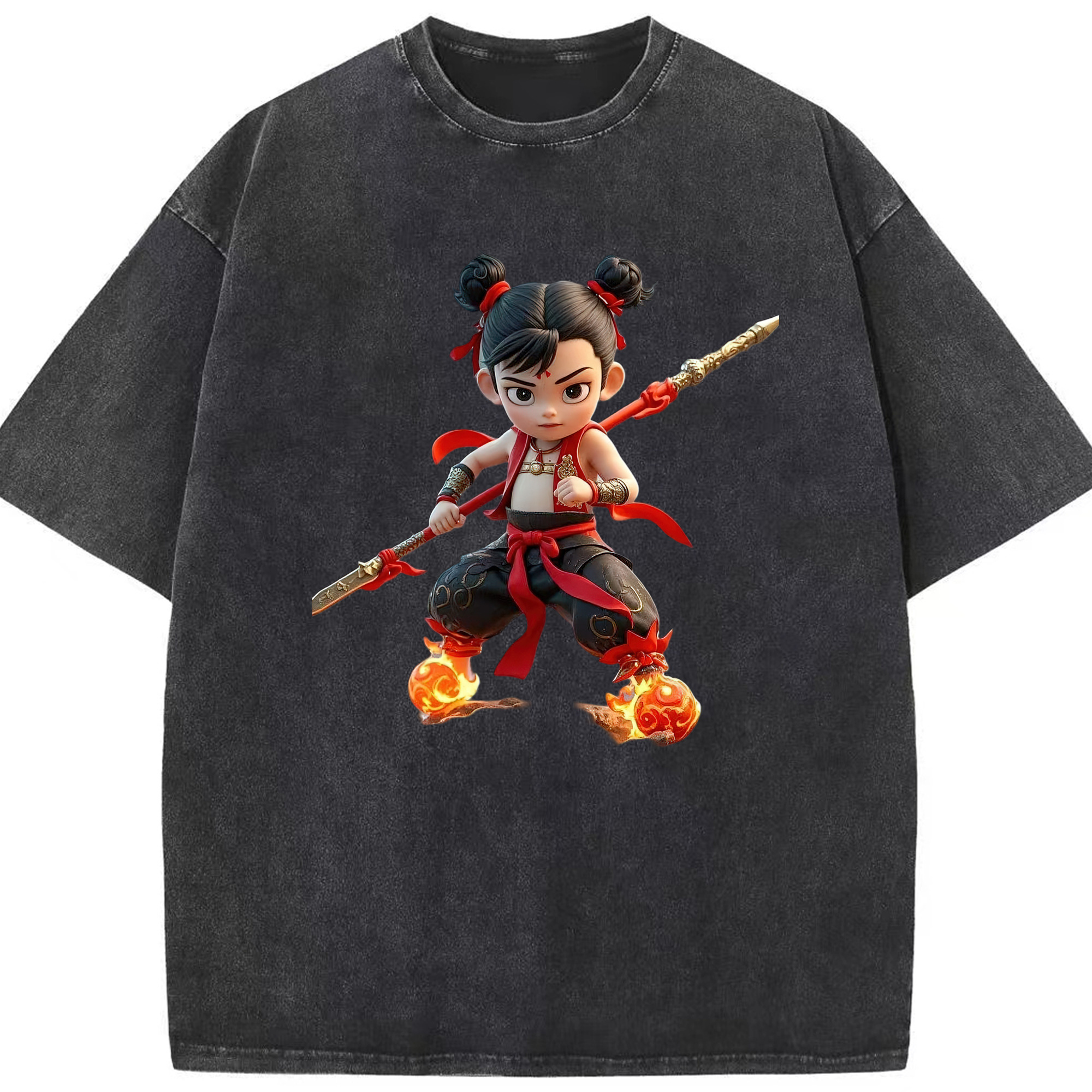 （画像用） Ne Zha 2 ナタ 魔童の大暴れ 綿100% ヴィンテージ風 半袖Tシャツ（フロントプリント）