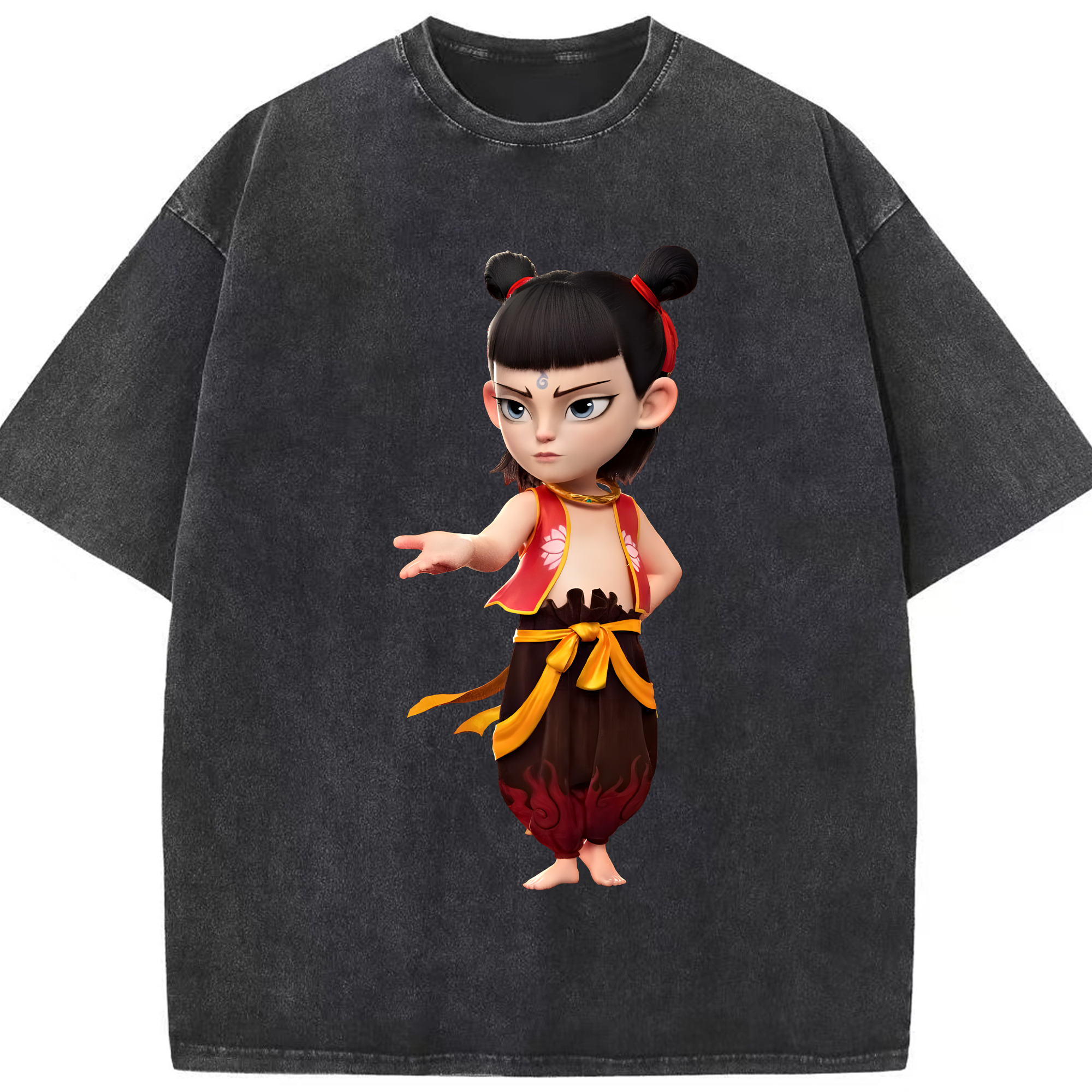 （画像用） Ne Zha 2 ナタ 魔童の大暴れ 綿100% ヴィンテージ風 半袖Tシャツ（フロントプリント）