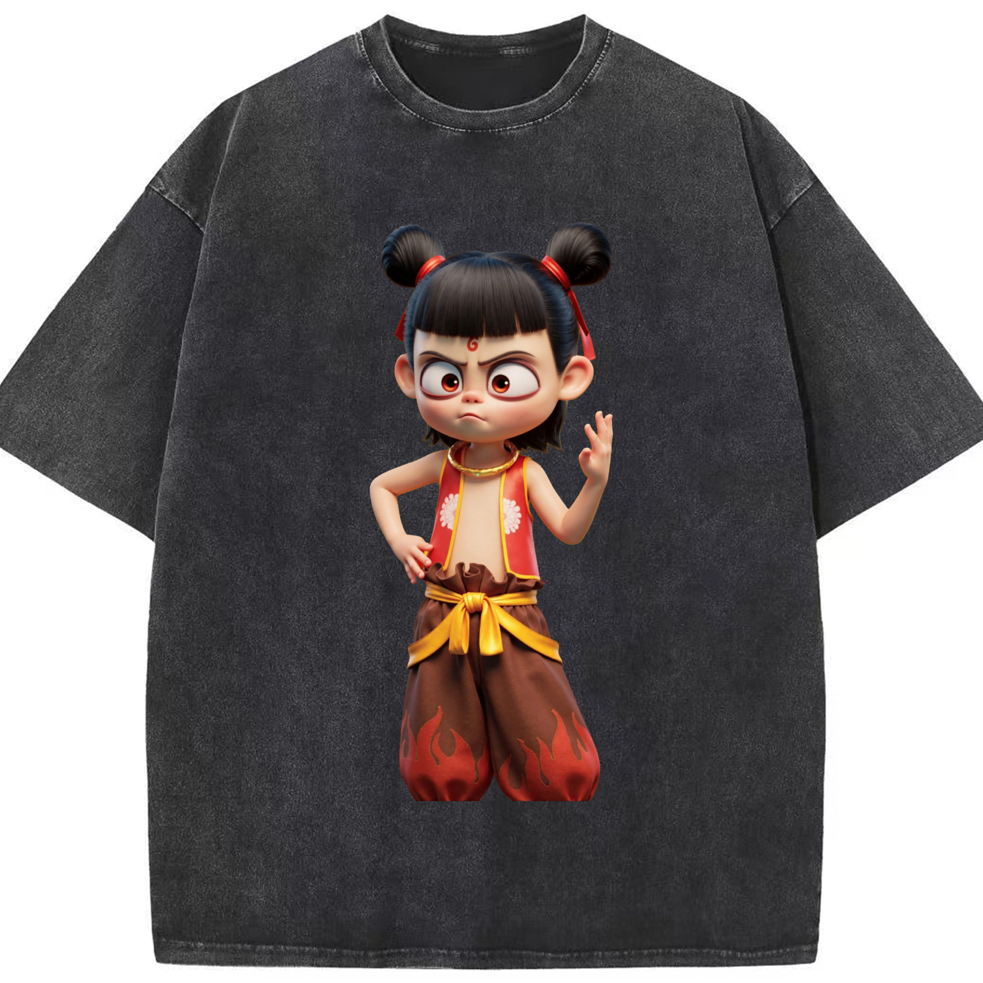 （画像用） Ne Zha 2 ナタ 魔童の大暴れ 綿100% ヴィンテージ風 半袖Tシャツ（フロントプリント）