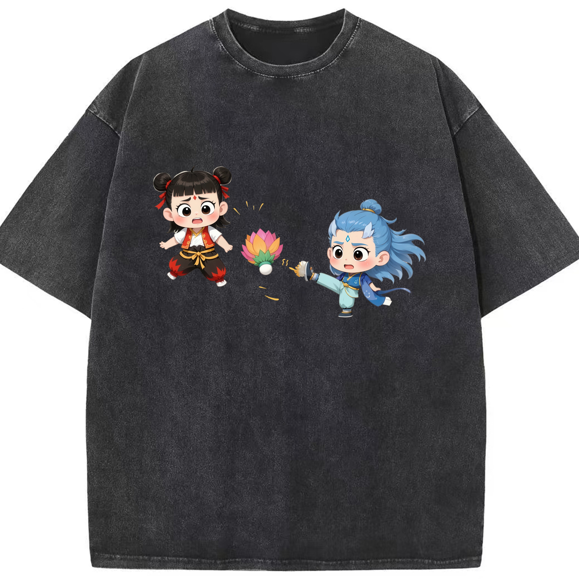 （画像用） Ne Zha 2 ナタ 魔童の大暴れ 綿100% ヴィンテージ風 半袖Tシャツ（フロントプリント）