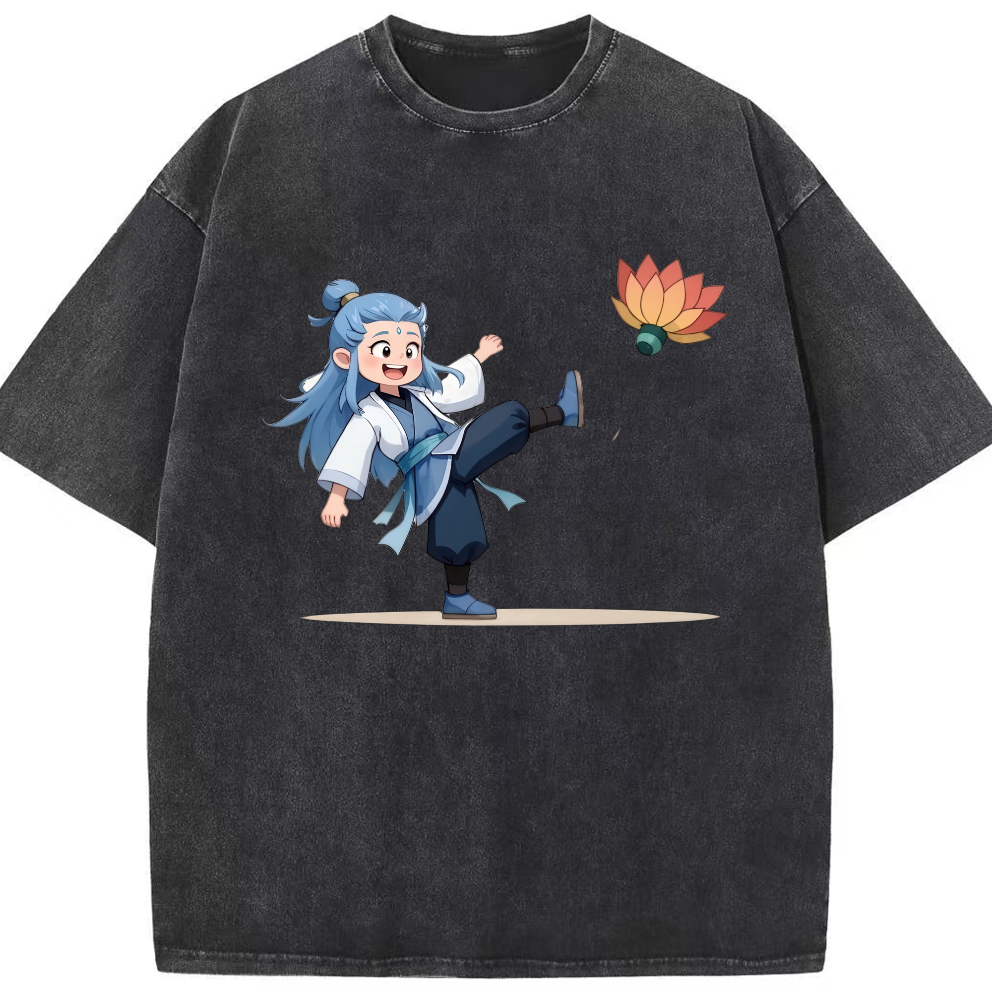 （画像用） Ne Zha 2 ナタ 魔童の大暴れ 綿100% ヴィンテージ風 半袖Tシャツ（フロントプリント）