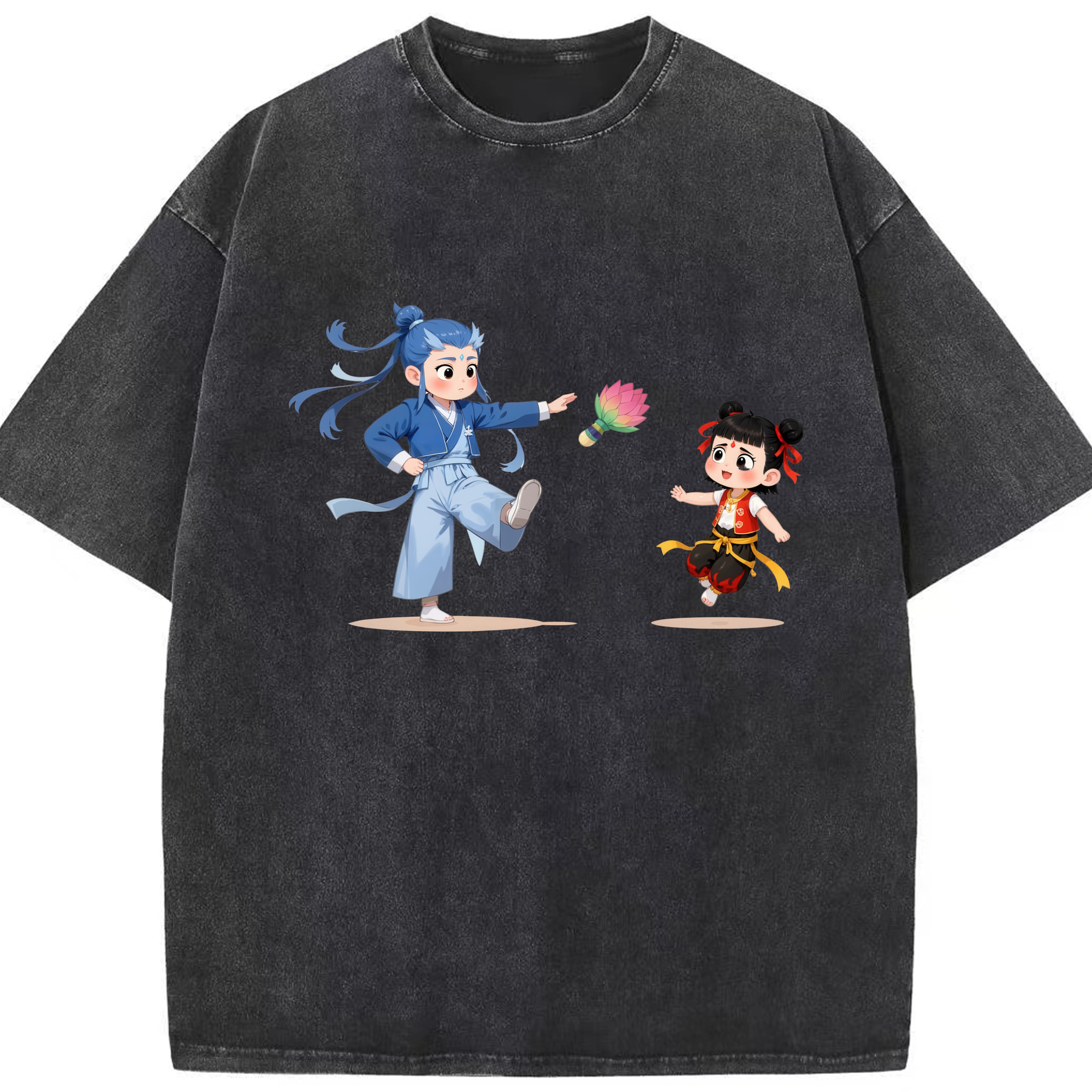 （画像用） Ne Zha 2 ナタ 魔童の大暴れ 綿100% ヴィンテージ風 半袖Tシャツ（フロントプリント）