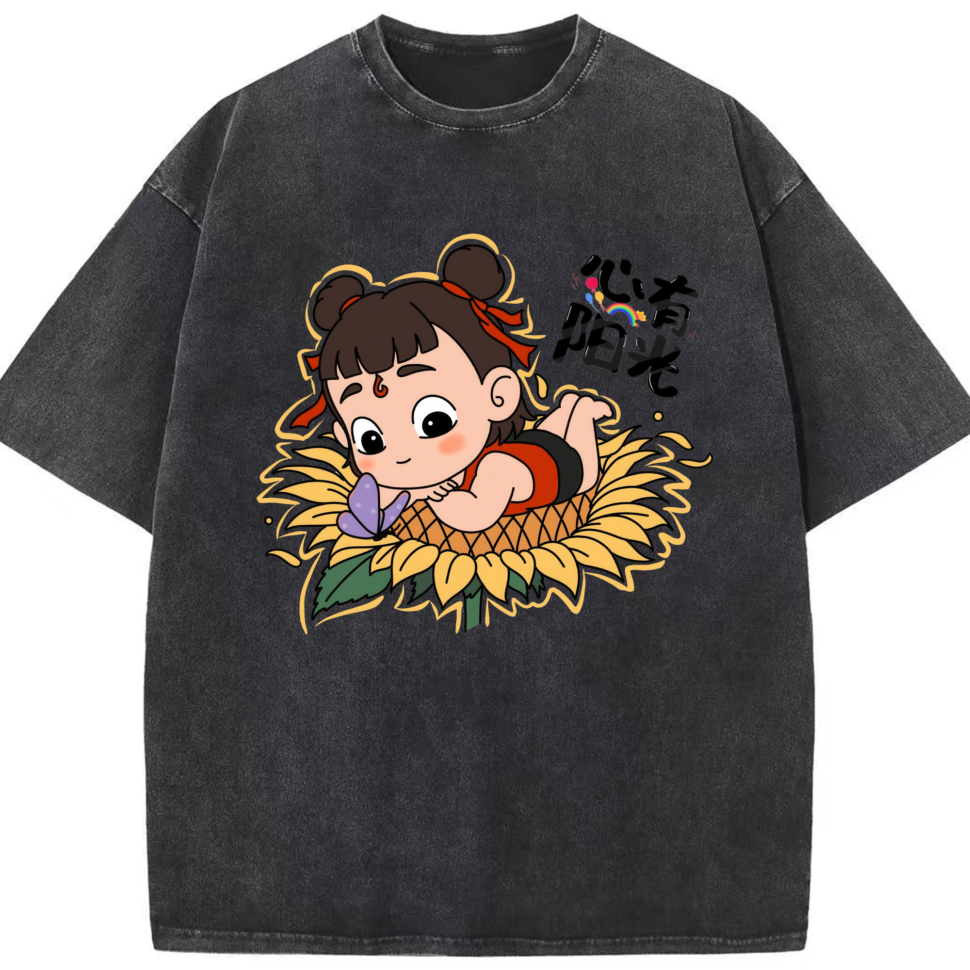 （画像用） Ne Zha 2 ナタ 魔童の大暴れ 綿100% ヴィンテージ風 半袖Tシャツ（フロントプリント）