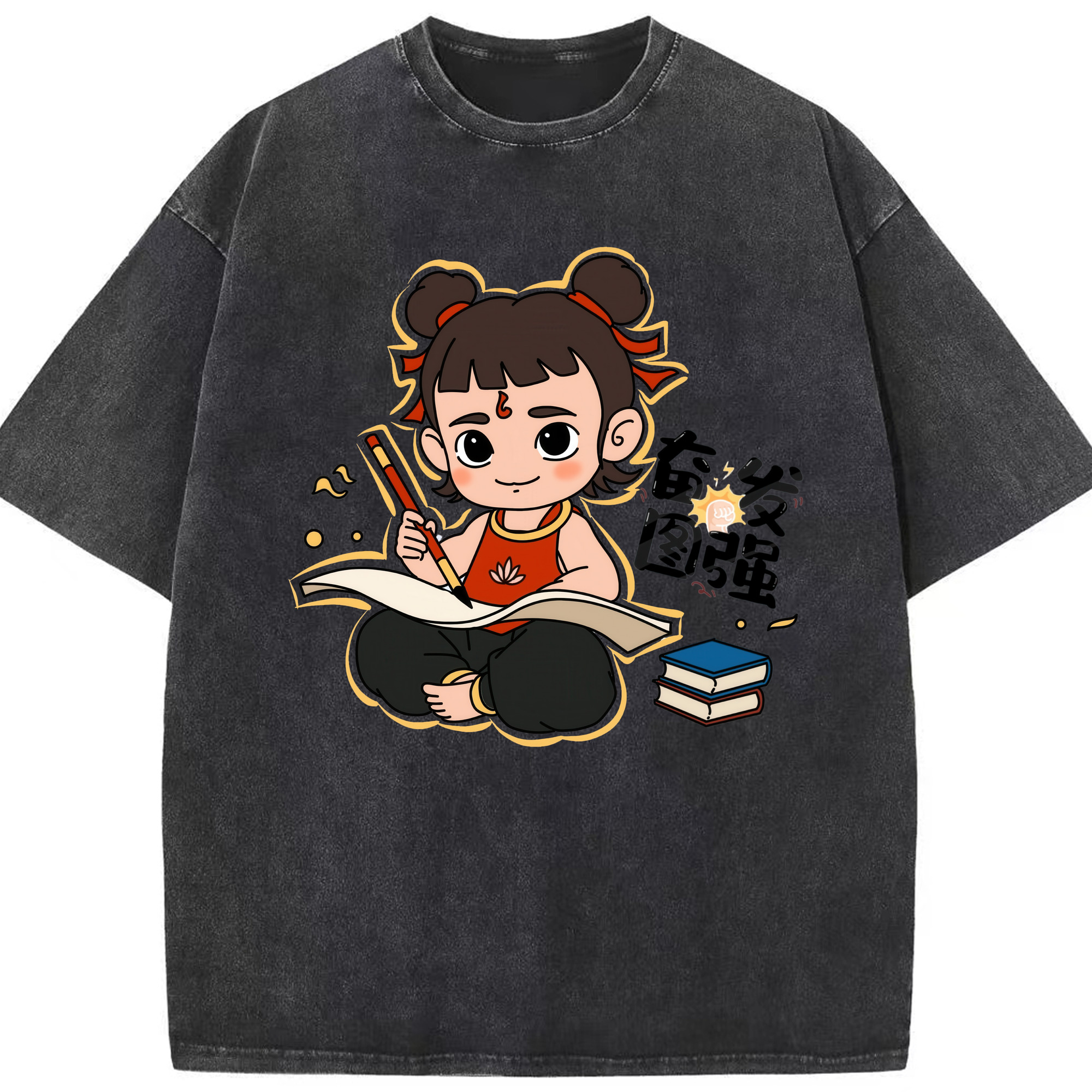 （画像用） Ne Zha 2 ナタ 魔童の大暴れ 綿100% ヴィンテージ風 半袖Tシャツ（フロントプリント）