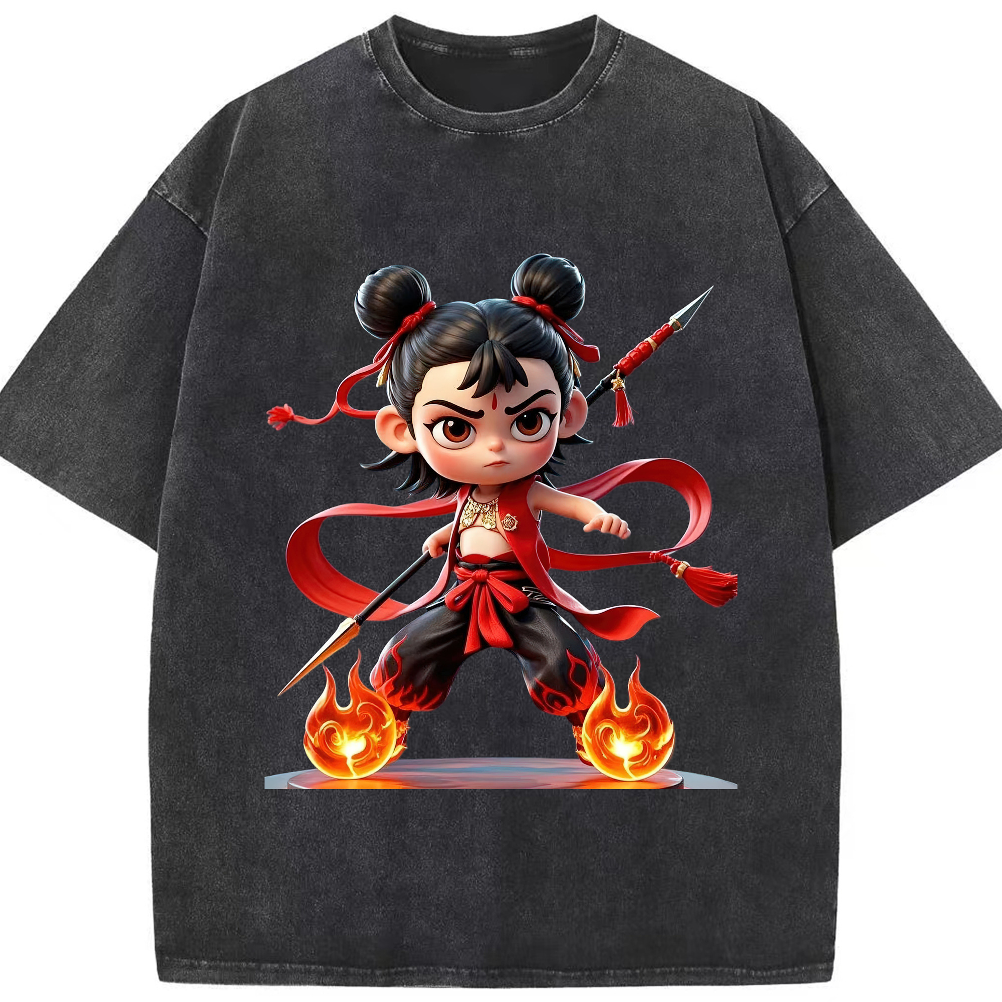 （画像用） Ne Zha 2 ナタ 魔童の大暴れ 綿100% ヴィンテージ風 半袖Tシャツ（フロントプリント）