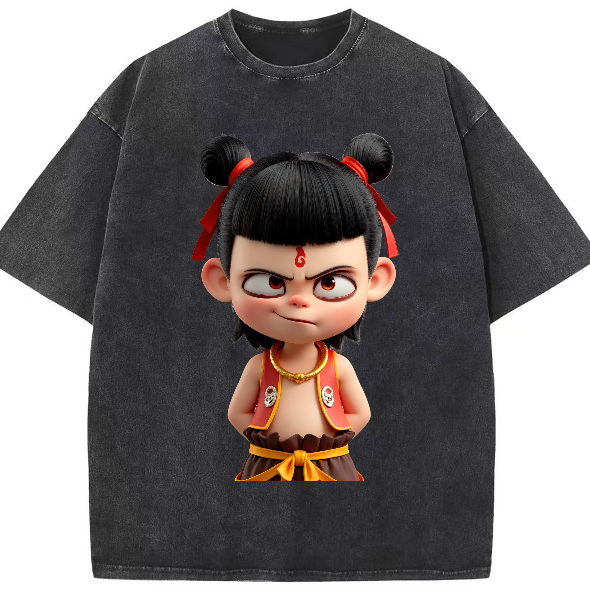 （画像用） Ne Zha 2 ナタ 魔童の大暴れ 綿100% ヴィンテージ風 半袖Tシャツ（フロントプリント）