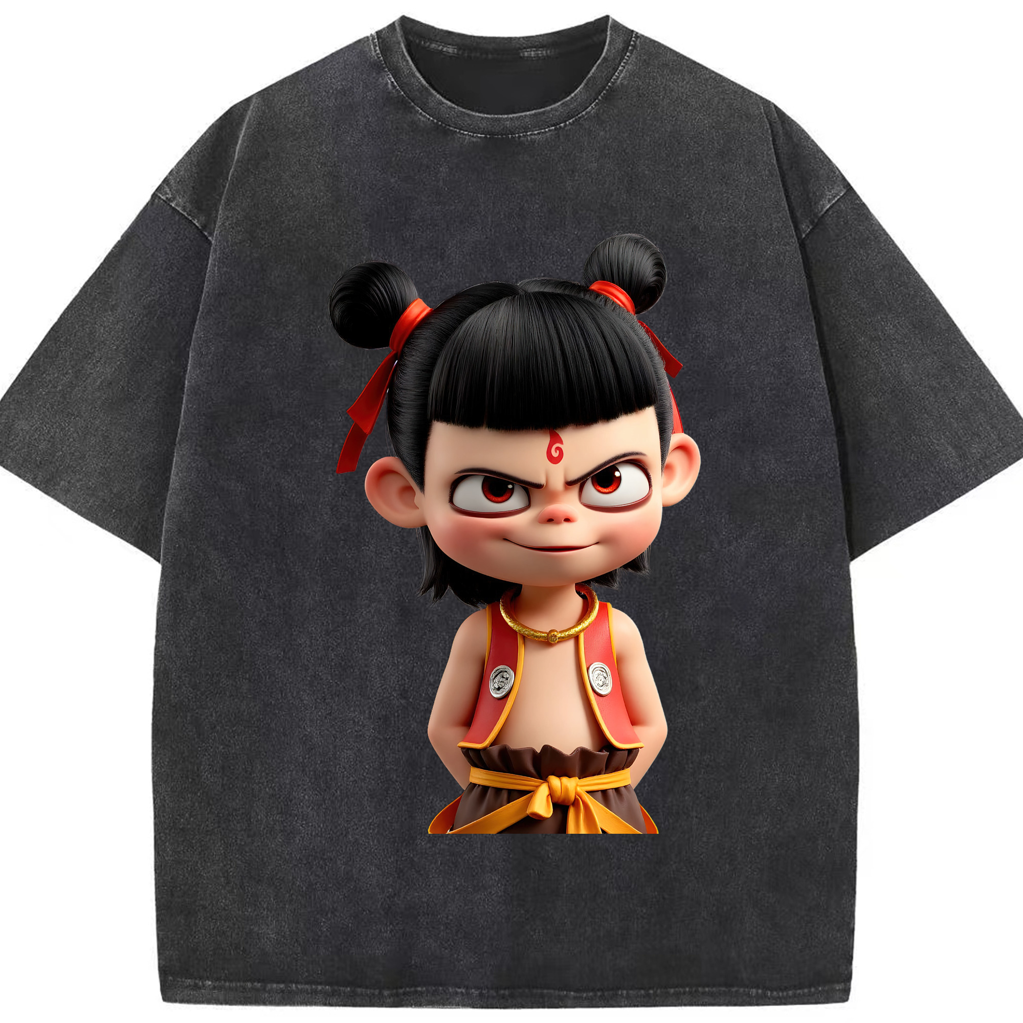 （画像用） Ne Zha 2 ナタ 魔童の大暴れ 綿100% ヴィンテージ風 半袖Tシャツ（フロントプリント）