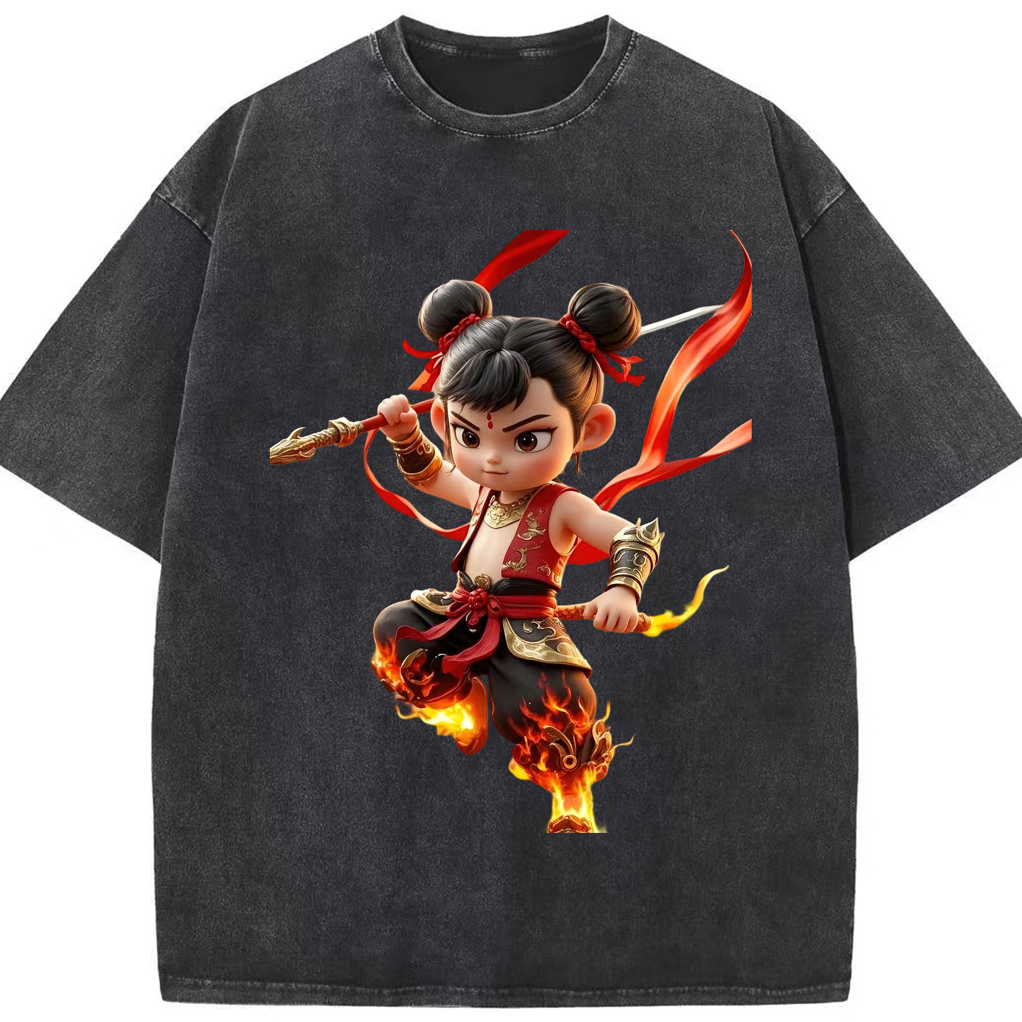 （画像用） Ne Zha 2 ナタ 魔童の大暴れ 綿100% ヴィンテージ風 半袖Tシャツ（フロントプリント）