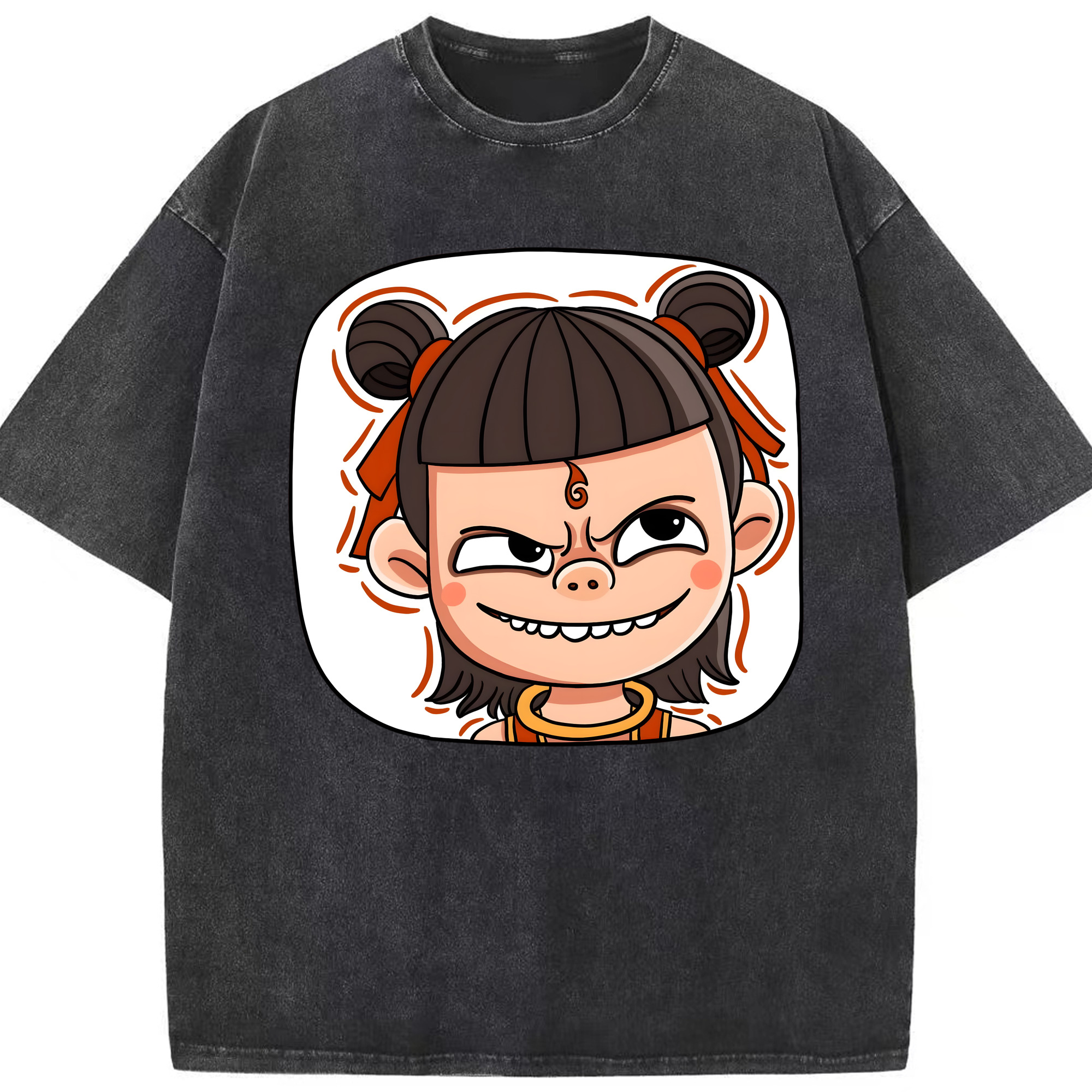 （画像用） Ne Zha 2 ナタ 魔童の大暴れ 綿100% ヴィンテージ風 半袖Tシャツ（フロントプリント）