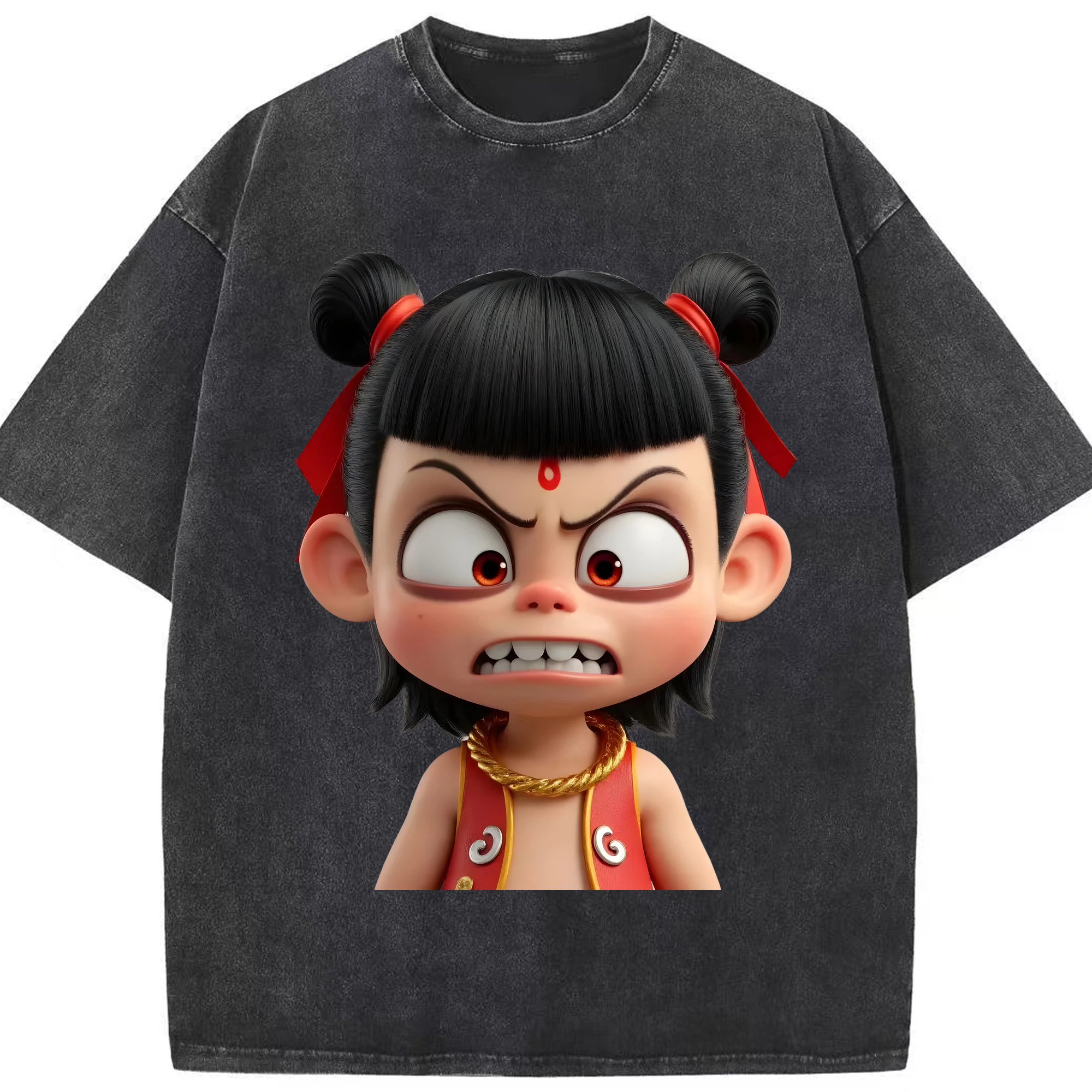 （画像用） Ne Zha 2 ナタ 魔童の大暴れ 綿100% ヴィンテージ風 半袖Tシャツ（フロントプリント）