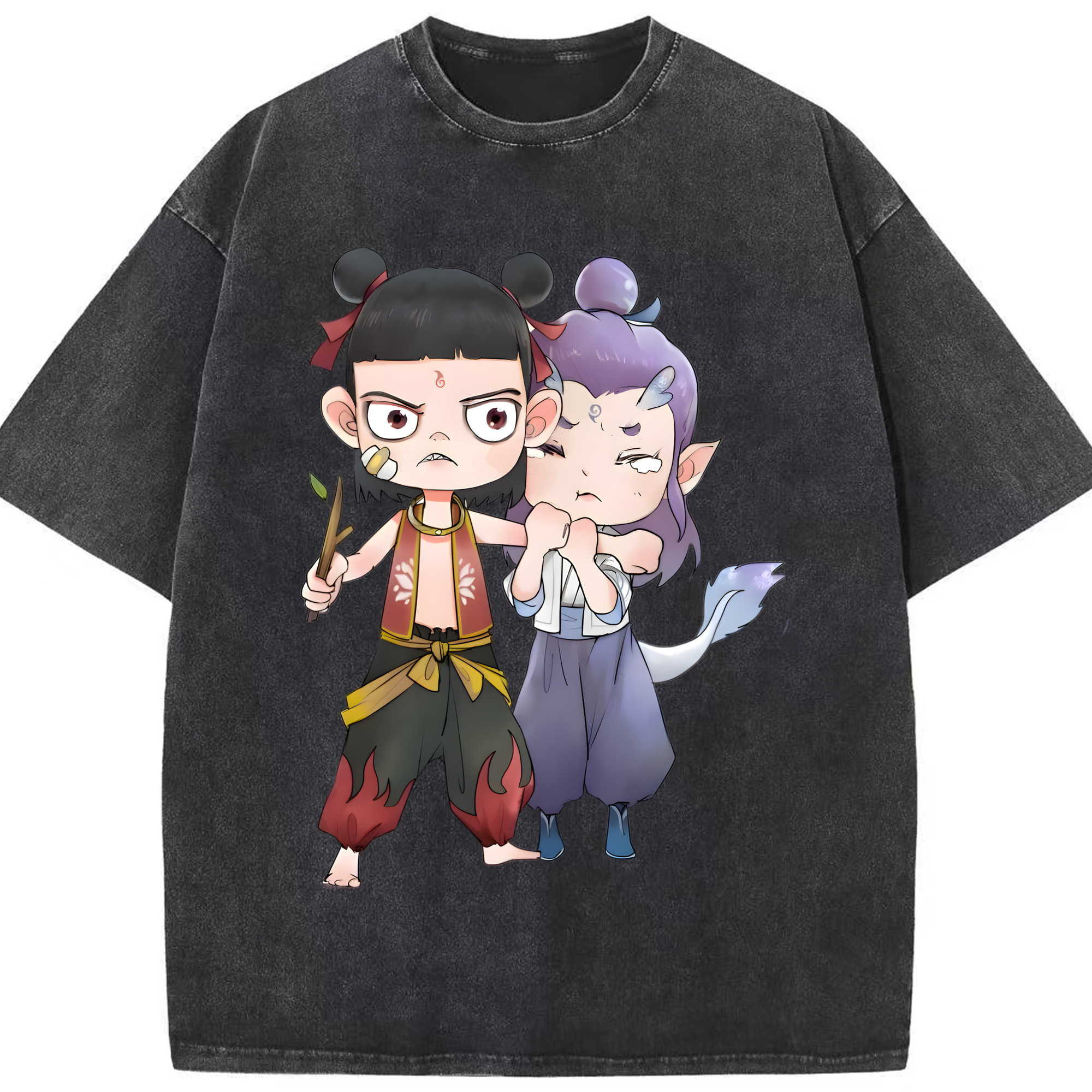 （画像用） Ne Zha 2 ナタ 魔童の大暴れ 綿100% ヴィンテージ風 半袖Tシャツ（フロントプリント）
