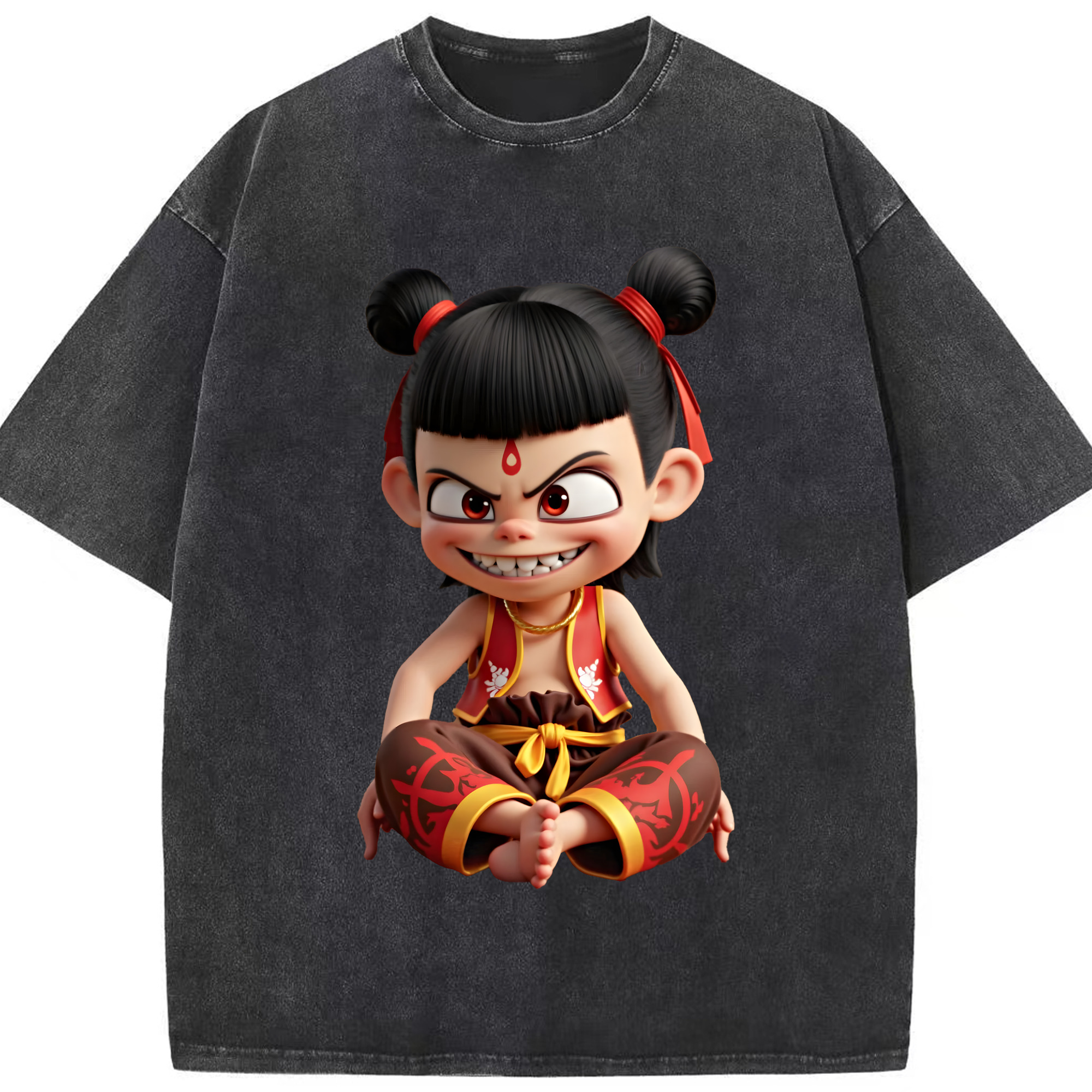 （画像用） Ne Zha 2 ナタ 魔童の大暴れ 綿100% ヴィンテージ風 半袖Tシャツ（フロントプリント）