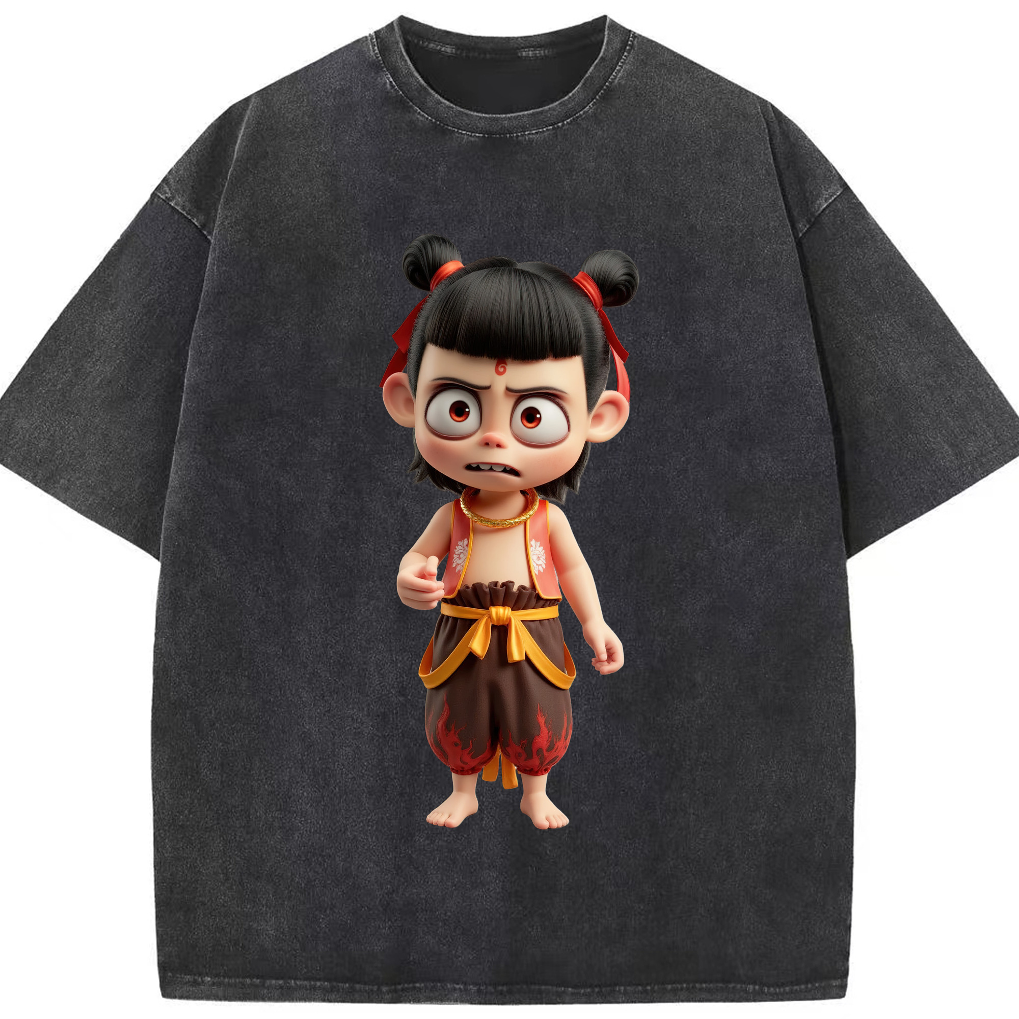 （画像用） Ne Zha 2 ナタ 魔童の大暴れ 綿100% ヴィンテージ風 半袖Tシャツ（フロントプリント）