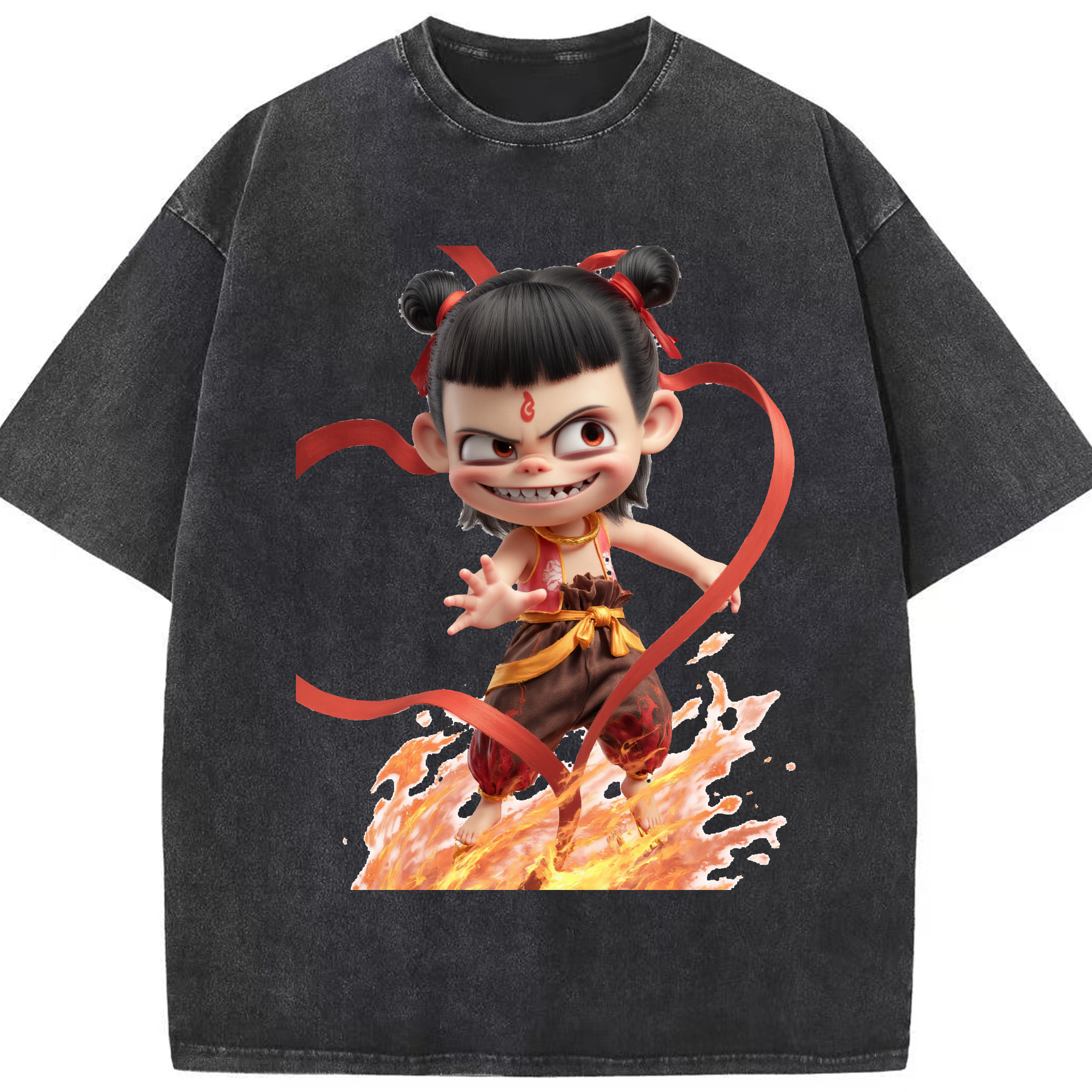 （画像用） Ne Zha 2 ナタ 魔童の大暴れ 綿100% ヴィンテージ風 半袖Tシャツ（フロントプリント）