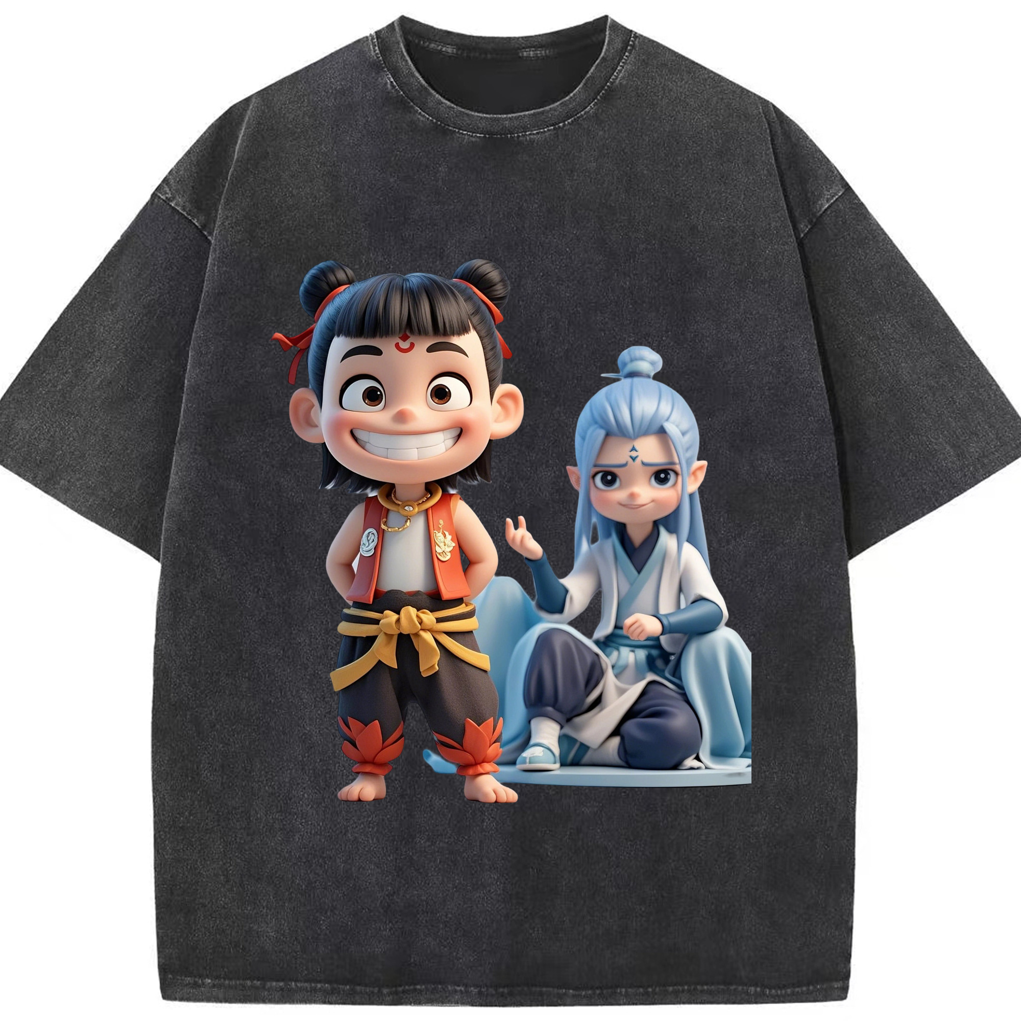 （画像用） Ne Zha 2 ナタ 魔童の大暴れ 綿100% ヴィンテージ風 半袖Tシャツ（フロントプリント）