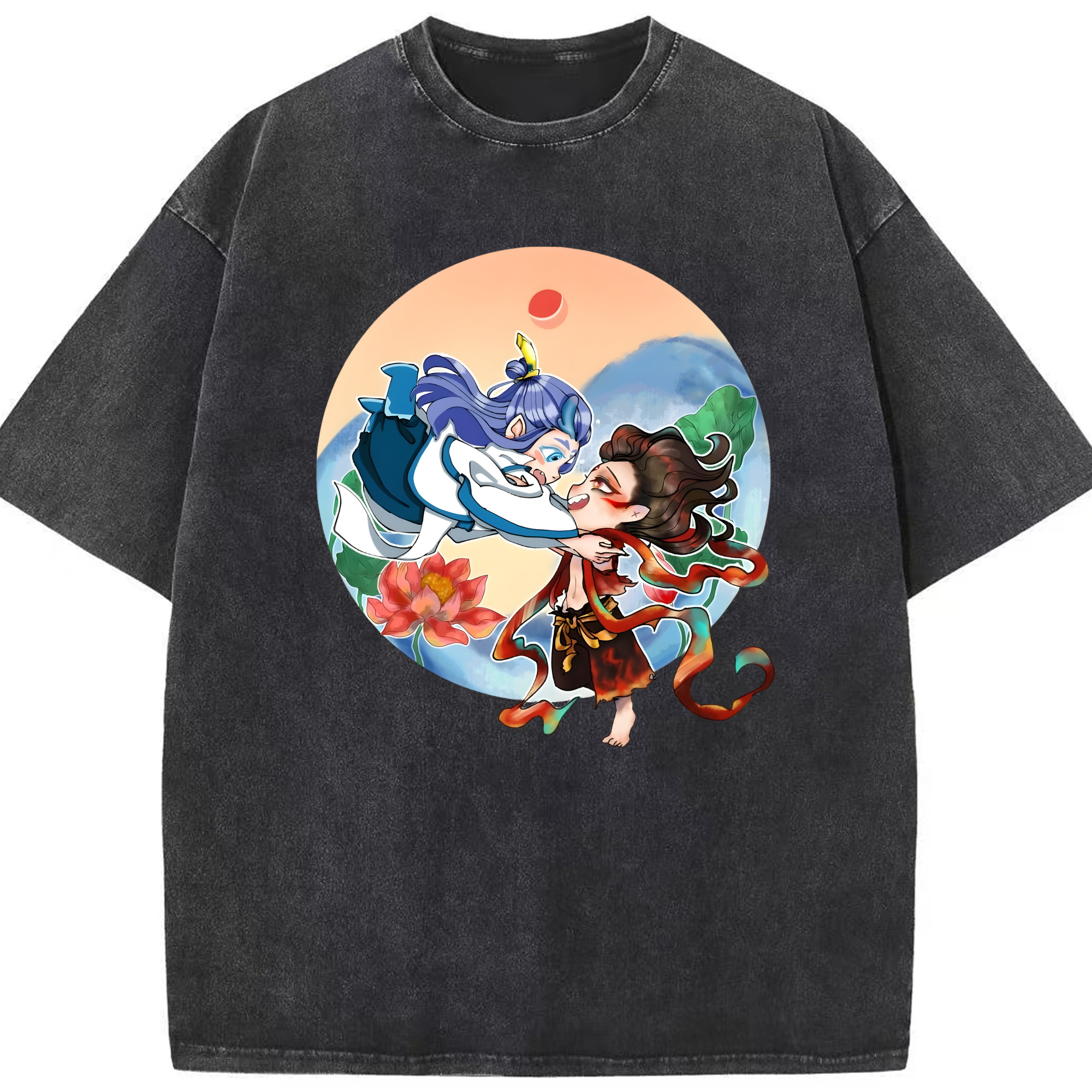 （画像用） Ne Zha 2 ナタ 魔童の大暴れ 綿100% ヴィンテージ風 半袖Tシャツ（フロントプリント）