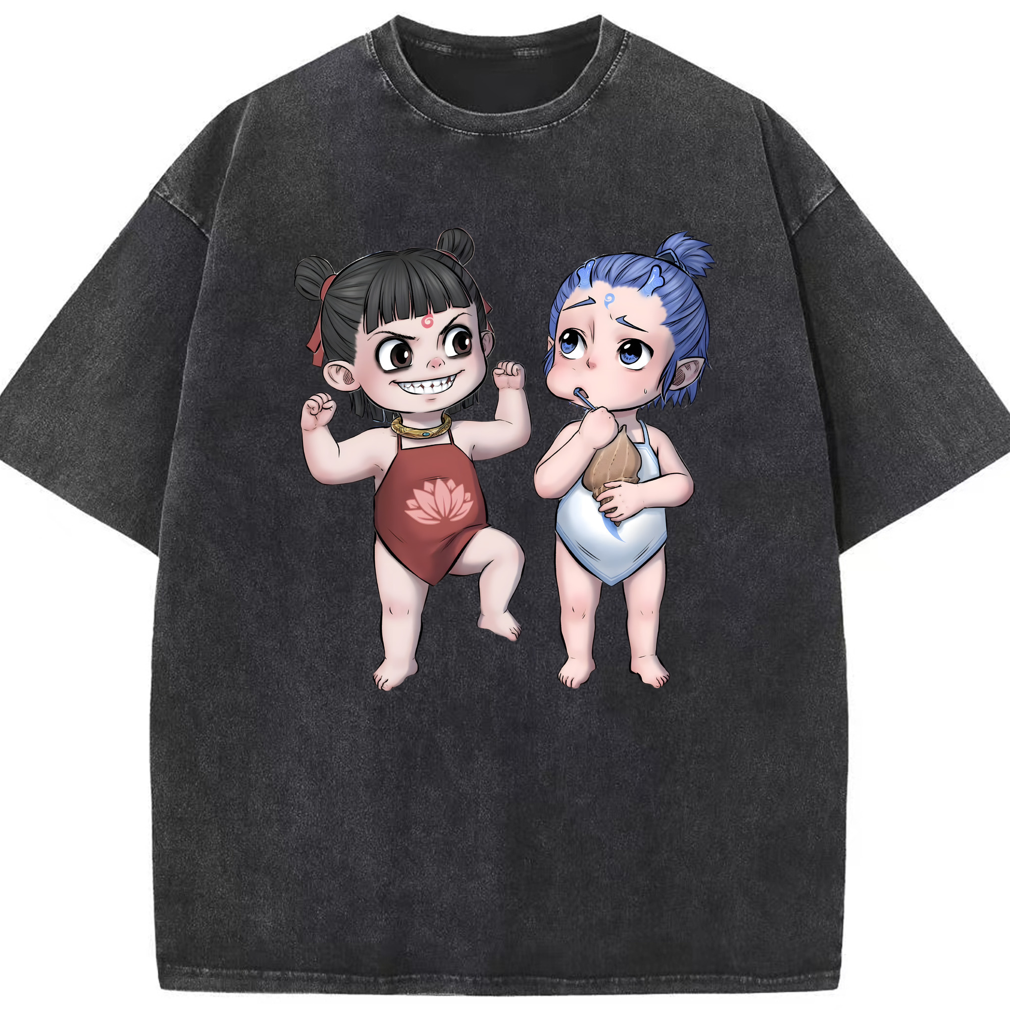 （画像用） Ne Zha 2 ナタ 魔童の大暴れ 綿100% ヴィンテージ風 半袖Tシャツ（フロントプリント）