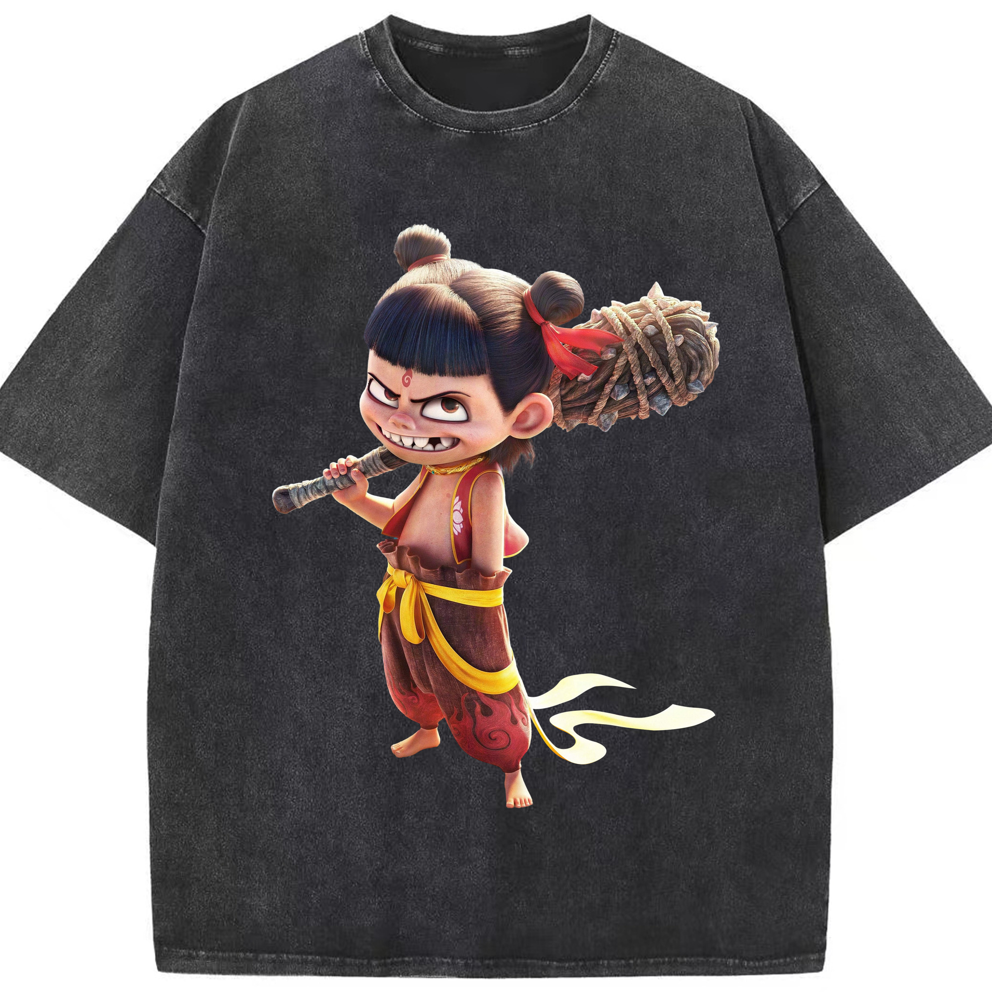 （画像用） Ne Zha 2 ナタ 魔童の大暴れ 綿100% ヴィンテージ風 半袖Tシャツ（フロントプリント）