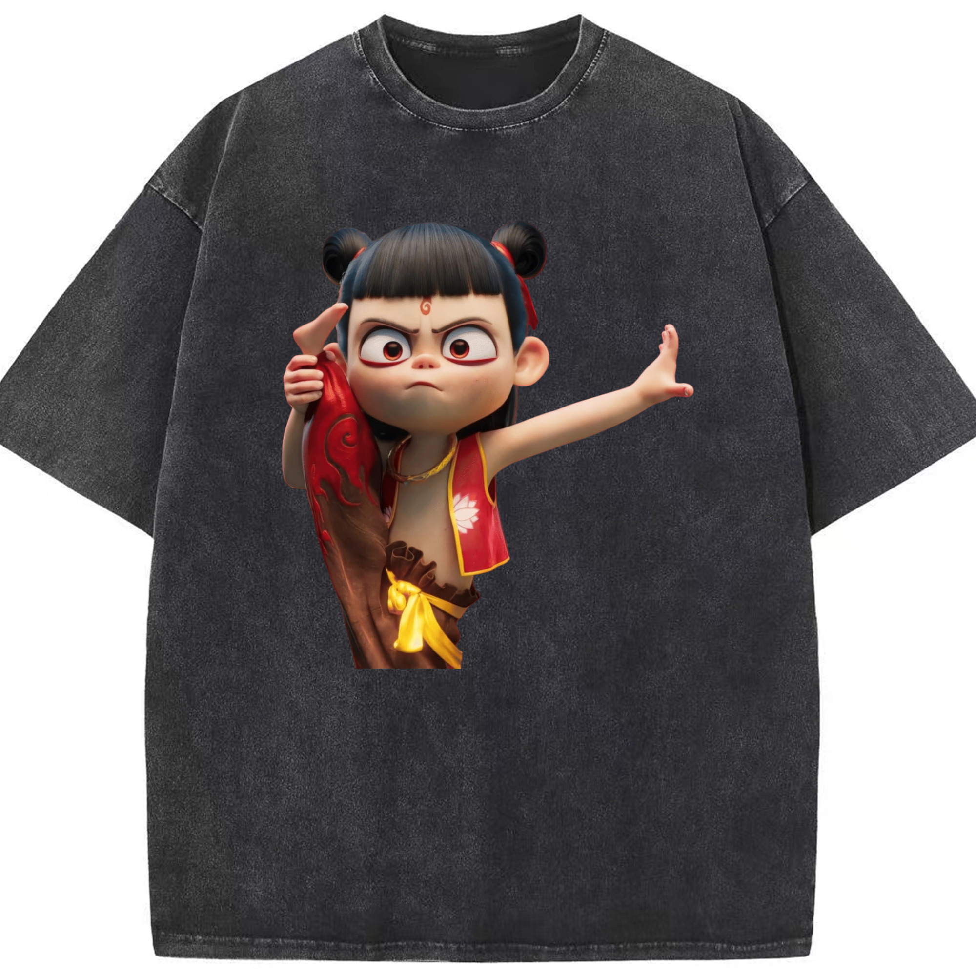 （画像用） Ne Zha 2 ナタ 魔童の大暴れ 綿100% ヴィンテージ風 半袖Tシャツ（フロントプリント）