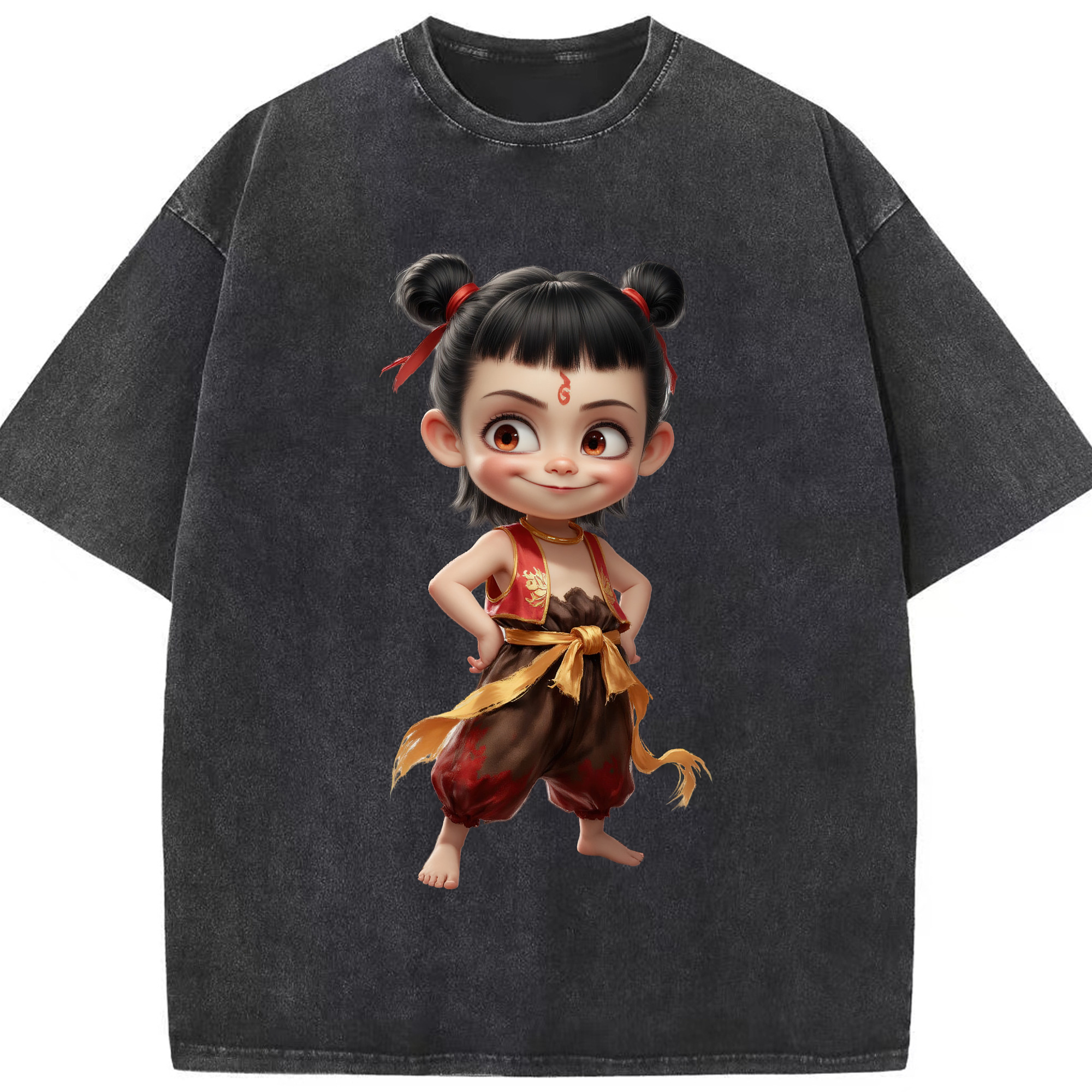 （画像用） Ne Zha 2 ナタ 魔童の大暴れ 綿100% ヴィンテージ風 半袖Tシャツ（フロントプリント）