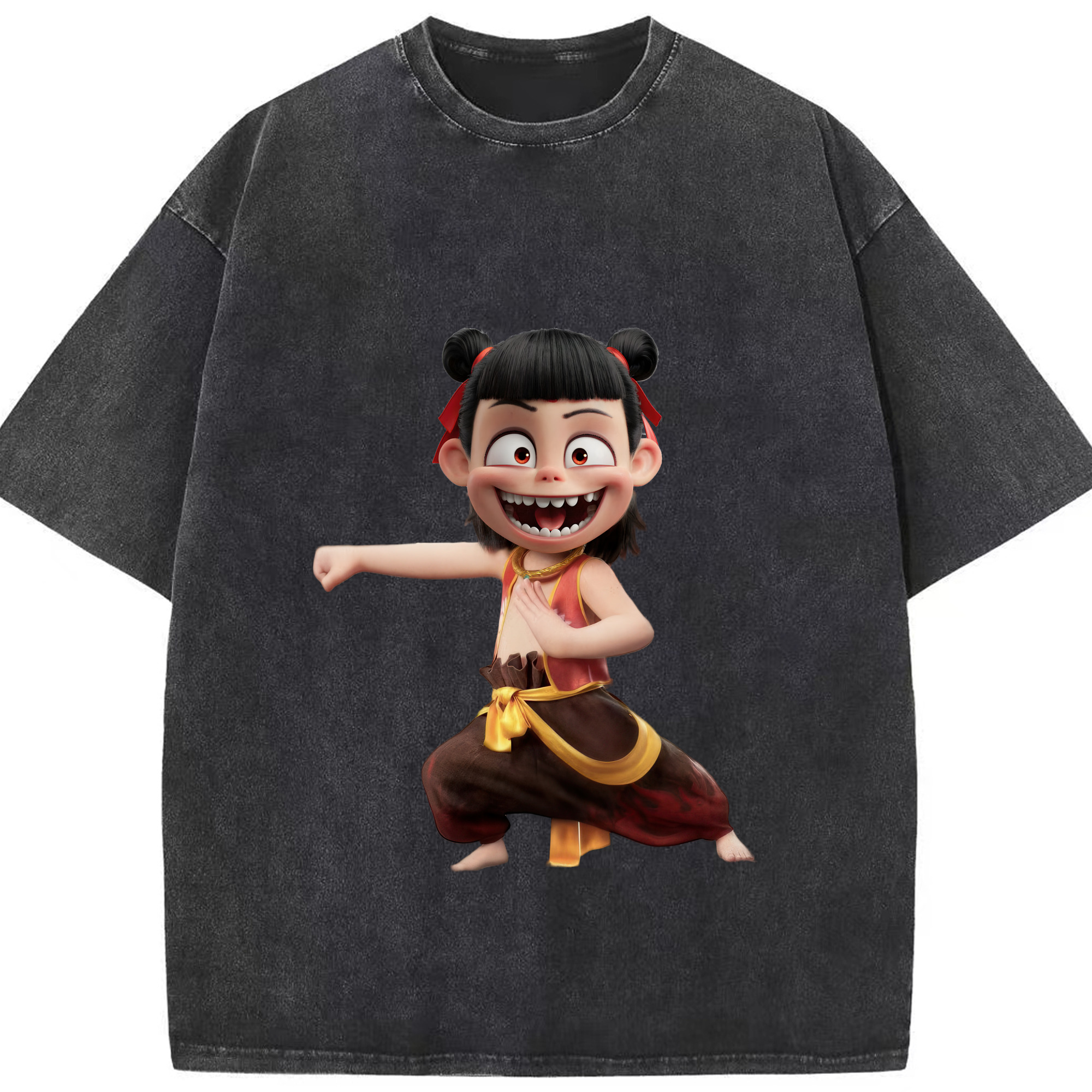 （画像用） Ne Zha 2 ナタ 魔童の大暴れ 綿100% ヴィンテージ風 半袖Tシャツ（フロントプリント）