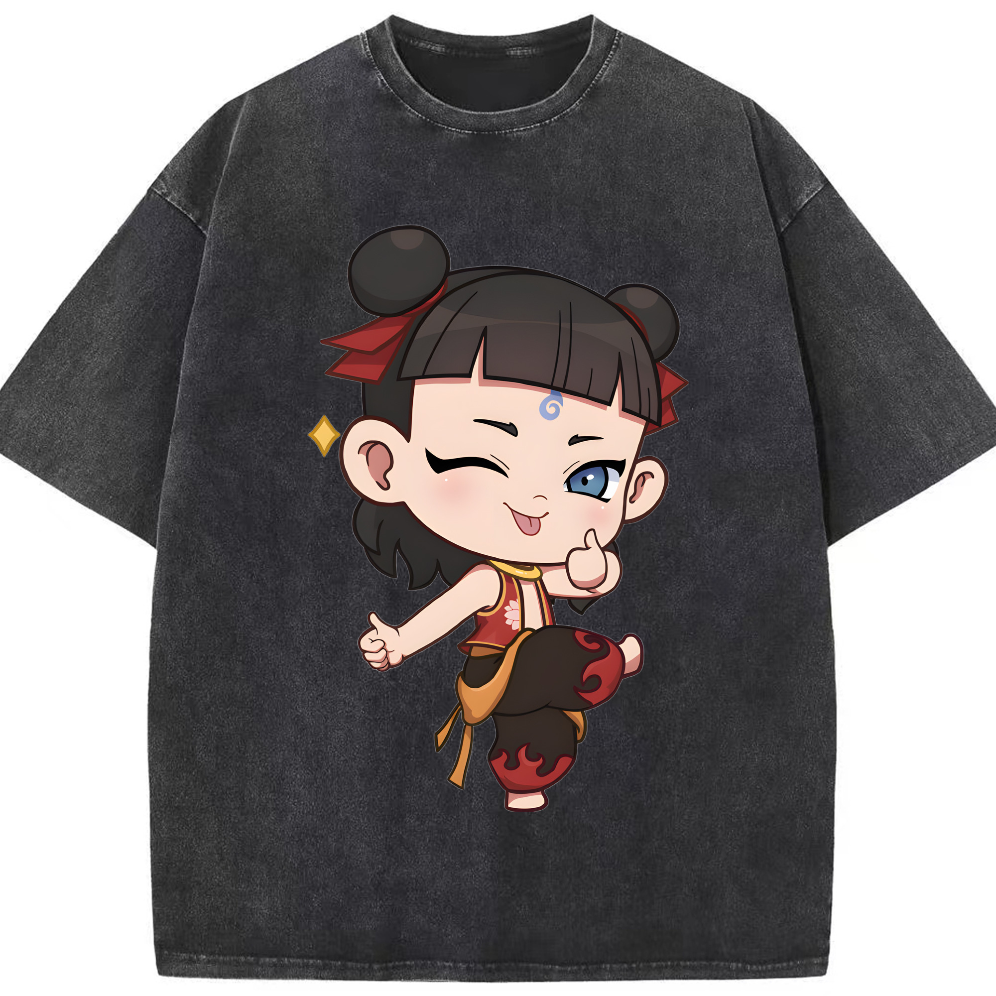 （画像用） Ne Zha 2 ナタ 魔童の大暴れ 綿100% ヴィンテージ風 半袖Tシャツ（フロントプリント）
