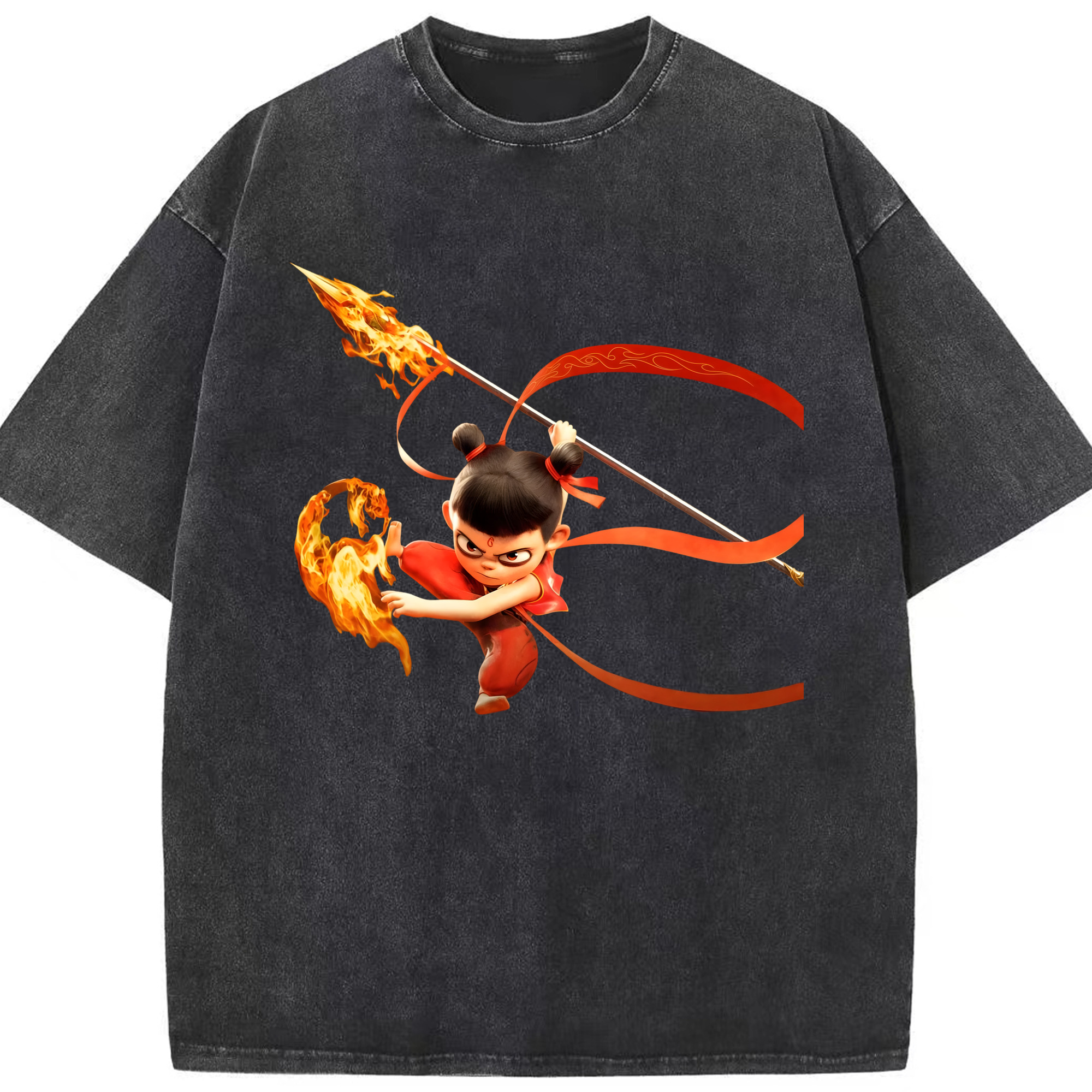 （画像用） Ne Zha 2 ナタ 魔童の大暴れ 綿100% ヴィンテージ風 半袖Tシャツ（フロントプリント）