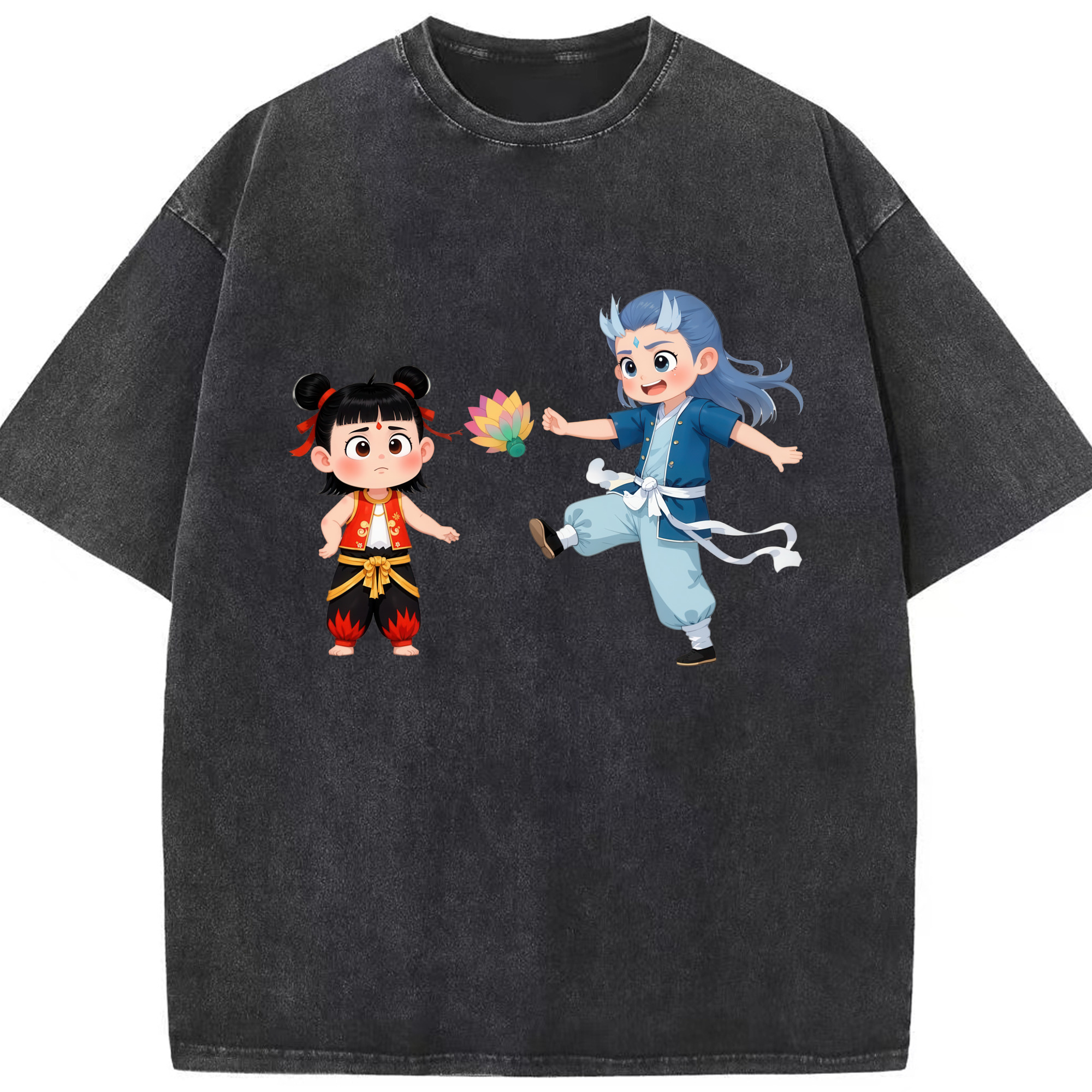 （画像用） Ne Zha 2 ナタ 魔童の大暴れ 綿100% ヴィンテージ風 半袖Tシャツ（フロントプリント）