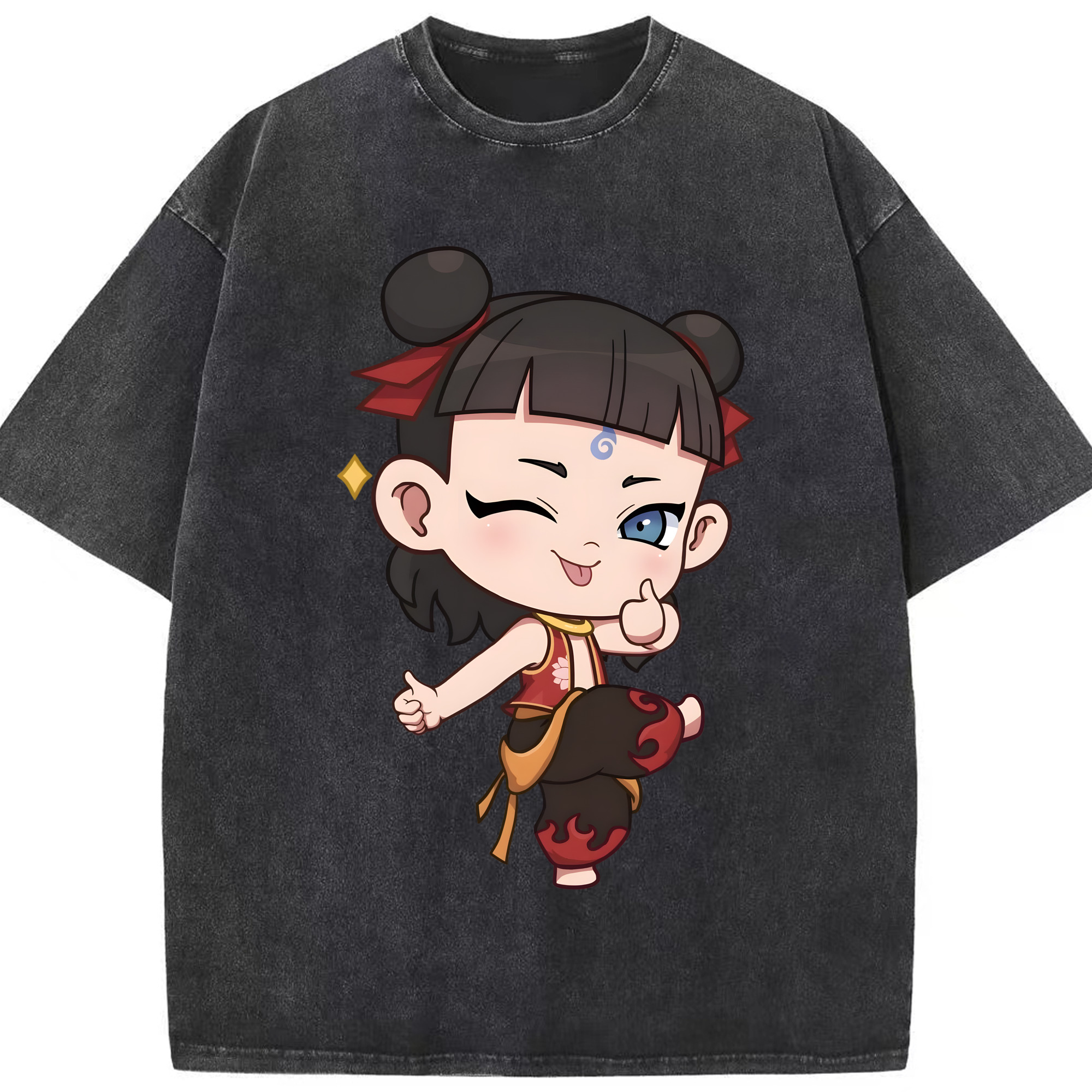 （画像用） Ne Zha 2 ナタ 魔童の大暴れ 綿100% ヴィンテージ風 半袖Tシャツ（フロントプリント）